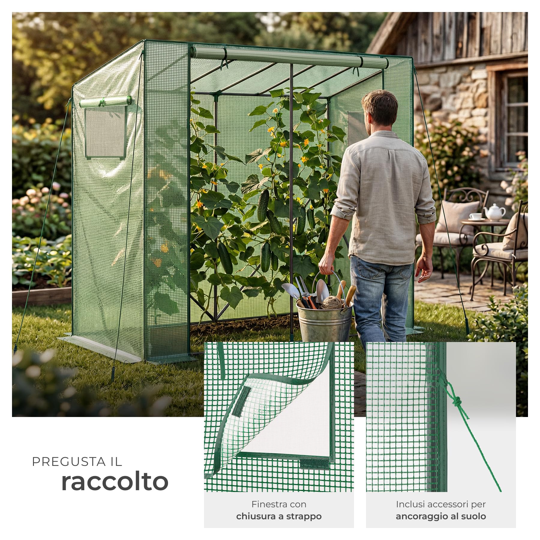 tectake® Serra da Giardino 200x77x170 cm, Copertura Retinata, Telaio in Acciaio, Resistente Intemperie e UV, 2 Finestre Laterali, Porta Avvolgibile, Serra per Orto, Giardinaggio, Piante - Verde