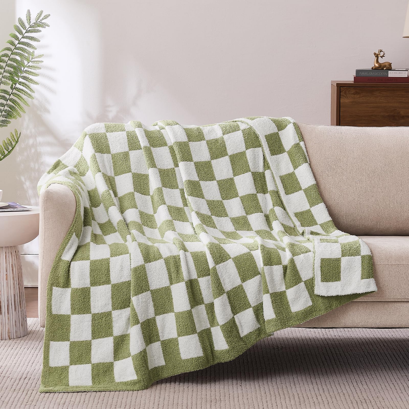 Checkered Throw Blanket, Sage Green Soft Cozy Fluffy Knitted Throw Blankets for Couch, Sofa, Bed, Chair, Warm Fuzzy Travel Picnic Lightweight Plaid Blanket, 60x80 inches