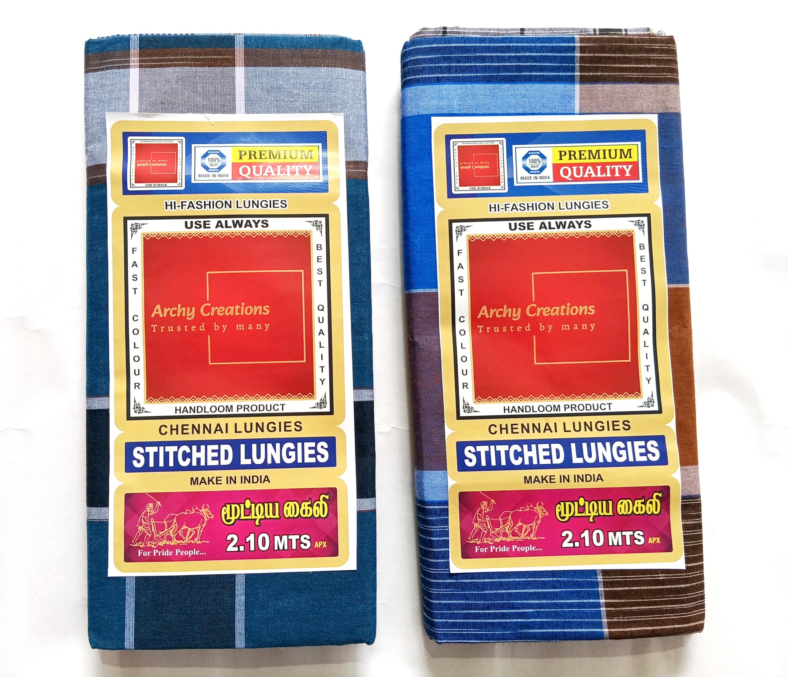 Archy CreationsPremium Handloom Stitched Cotton Lungi, 2.10 Meters, Pattern may change, Pack of 2