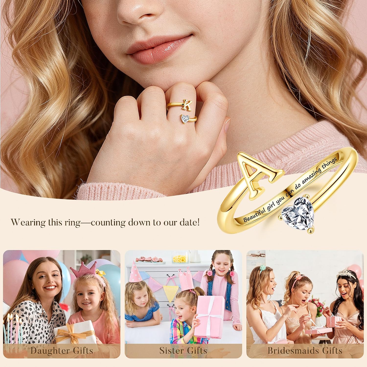 Turandoss Initial Rings for Teen Girls Kids Trendy Stuff | 14K Gold Plate Dainty Adjustable Letter A-Z Ring with Heart Zirconia, Birthday Inspirational Jewelry Gifts Gift Card