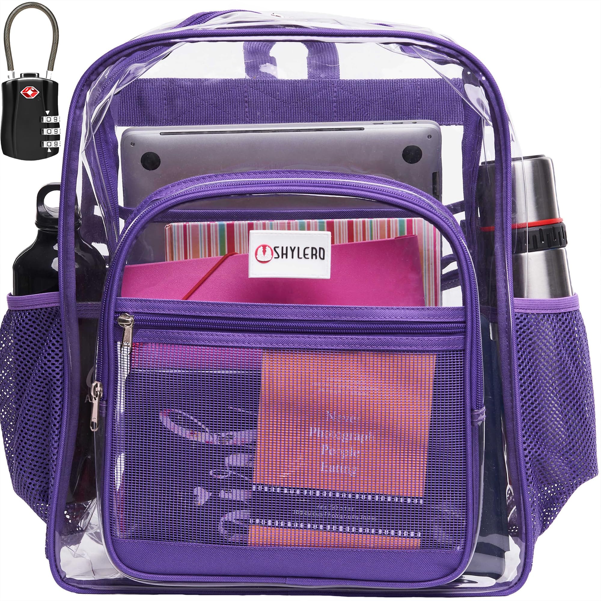 SHYLERO Clear Backpack Heavy Duty has TSA Lock, 2-WAY Zipper. PVC Transparent Backpack Is Extra Large - H18''xW14''xD8 - Purple