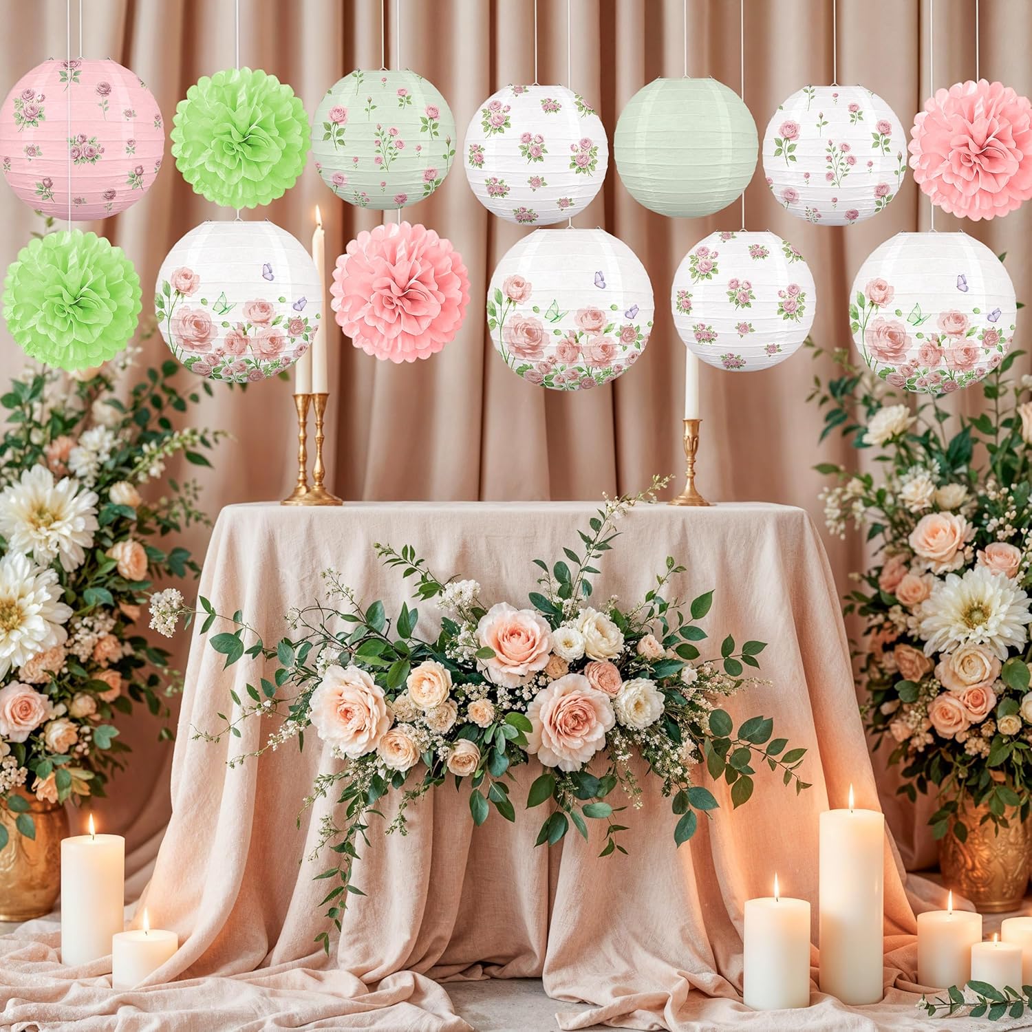 13PCS Spring Wildflower Bridal Shower Party Decorations Rose Paper Lanterns Pom Poms Valentines Day Garden Home Indoor Outdoor Decor