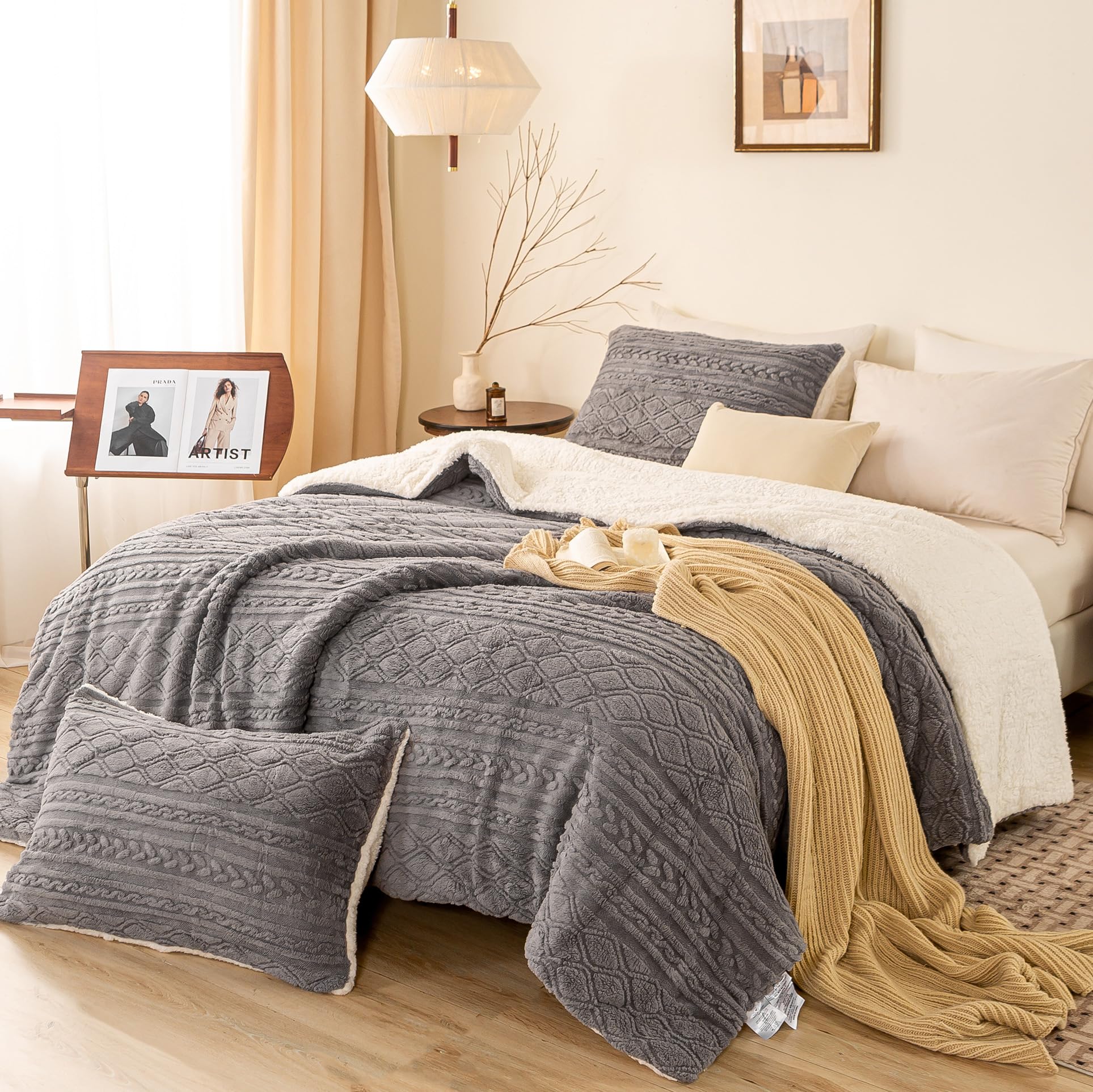 BOHOPOPM Ultra-Soft Warm Plush Reversible Sherpa Fleece King Comforter - Grey Cal/Cal King - Thickened 3D Jacquard Boho Bedding Down Comforter Set