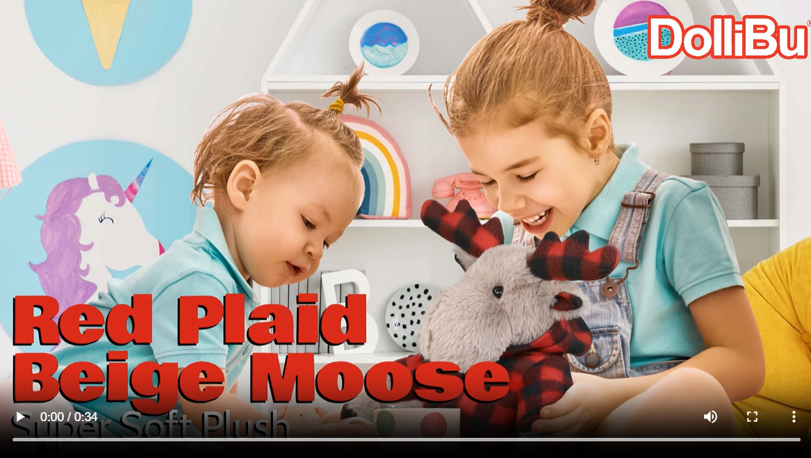 DolliBu Plush Moose With Red Plaid Hoodie - 10 Inch Soft Stuffed Animal Toy For Kids