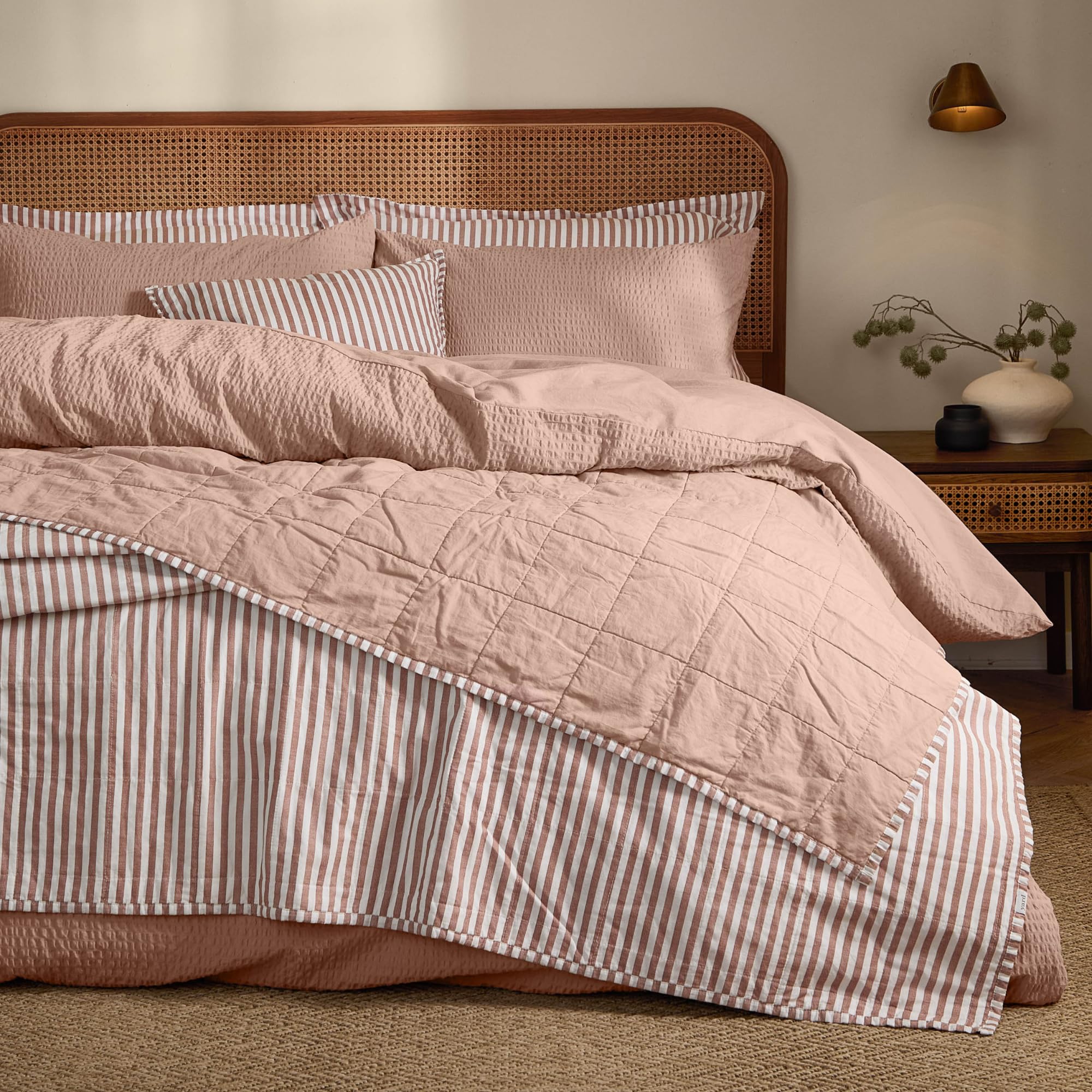Yard Hebden Stripe Quilted Bedspread – Reversible Textured Soft Cotton Coverlet (Pecan/Cotta – 150x200cm)