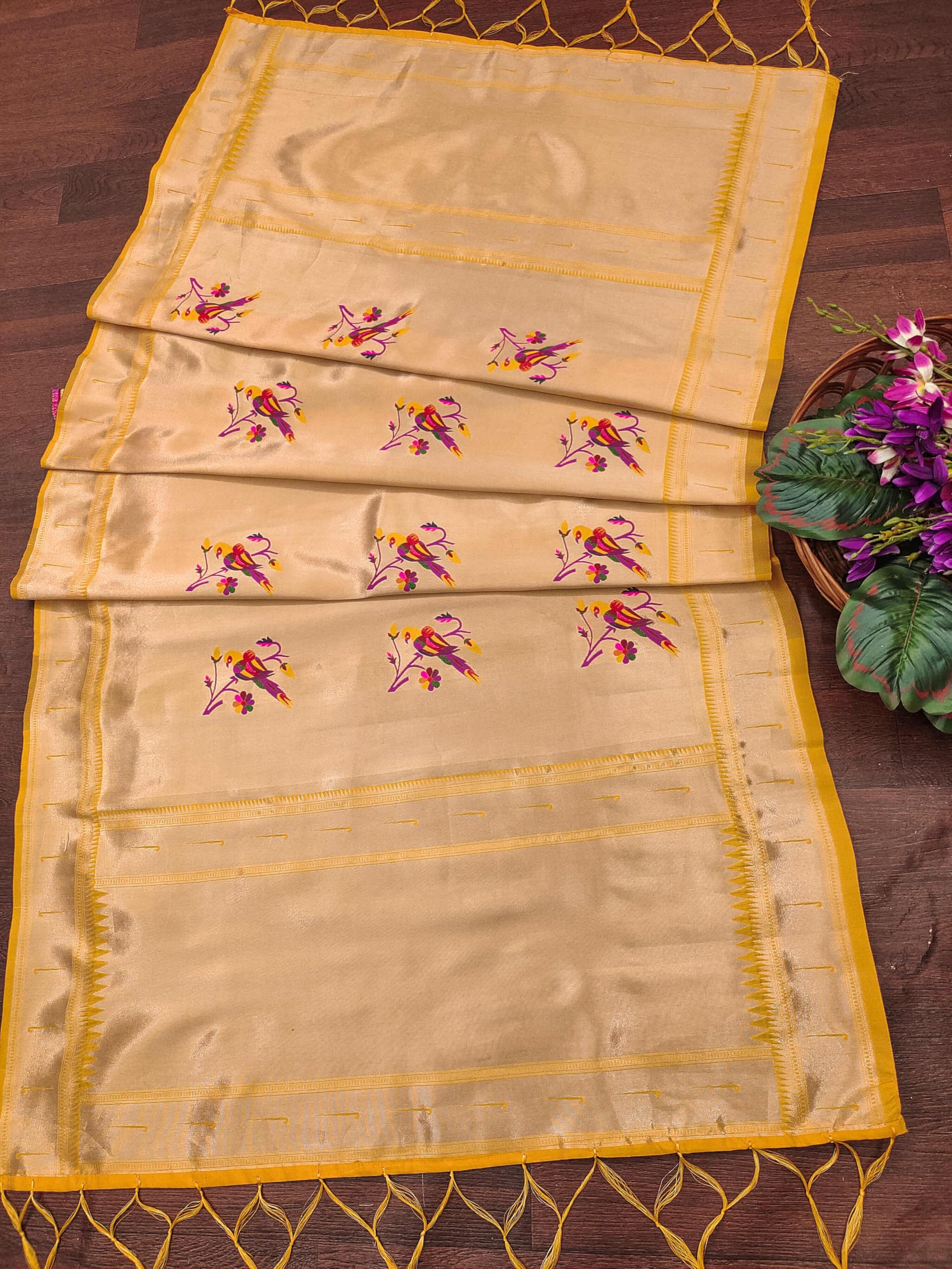 DEVANGI Women's Woven Banarasi Silk Dupatta/Chunni For Women, Floral Print 1 Meter Wide and 2.3 Meter Length Printed Designer Dupatta/Chunni For Girls(OM-DT-66-YELLOW) - Image 2 thumbnail