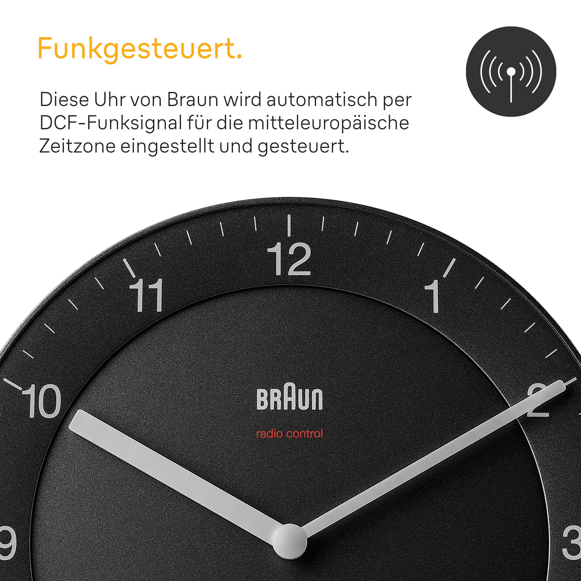 Braun Klassische Funkwanduhr Mitteleuropäische Zeitzone (MEZ/GMT+1) mit ruhigem Uhrwerk, leicht lesbarem Zifferblatt mit 20 cm Durchmesser in Schwarz, Modell BC06B-DCF.