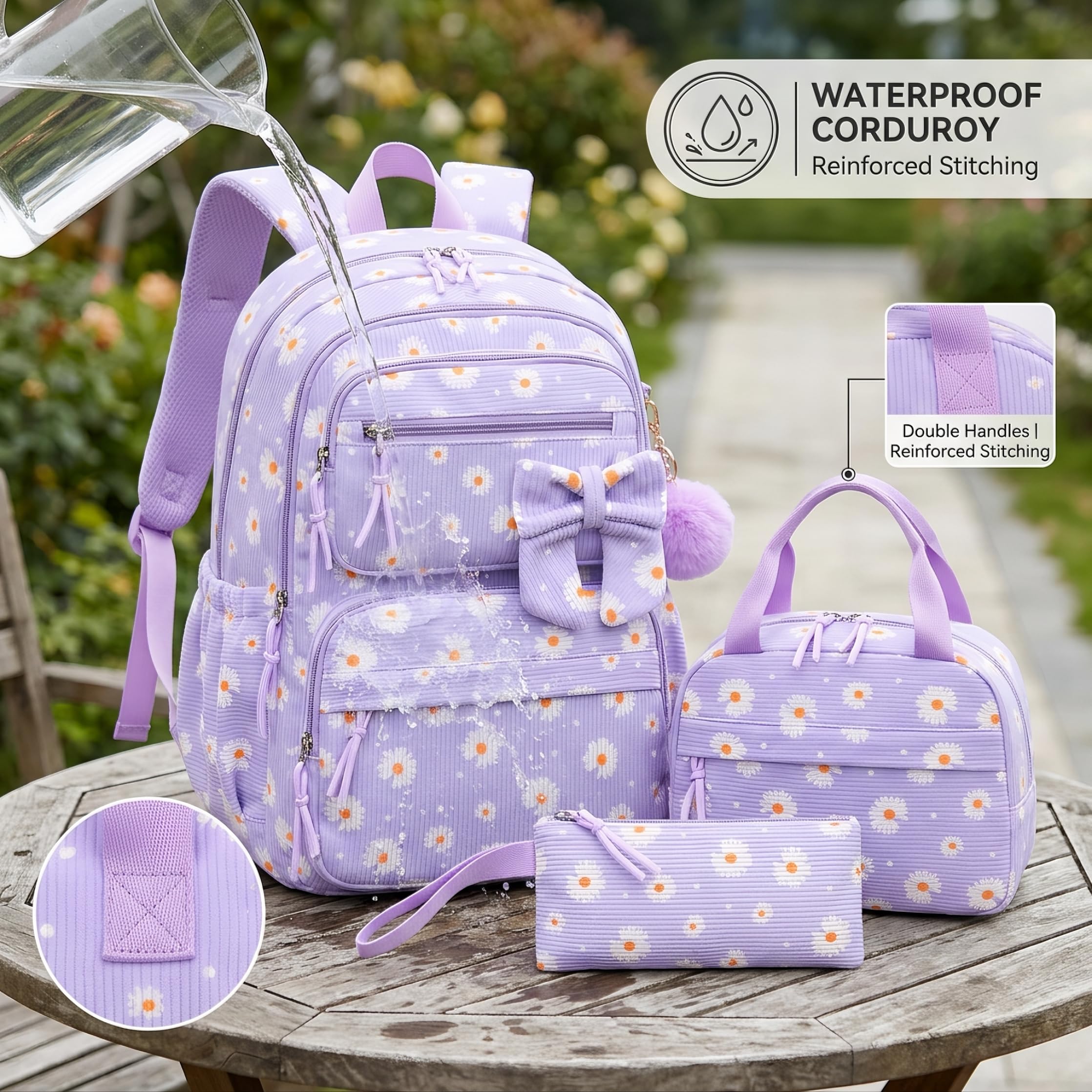 Set Zaino Per Ragazze 3 Pezzi, Zaino Per Ragazze Con Fiori Kawaii In Velluto A Coste Leggero Viola, Borsa Per Il Pranzo Isolata In 3 Pezzi, Uso Scolastico E Quotidiano