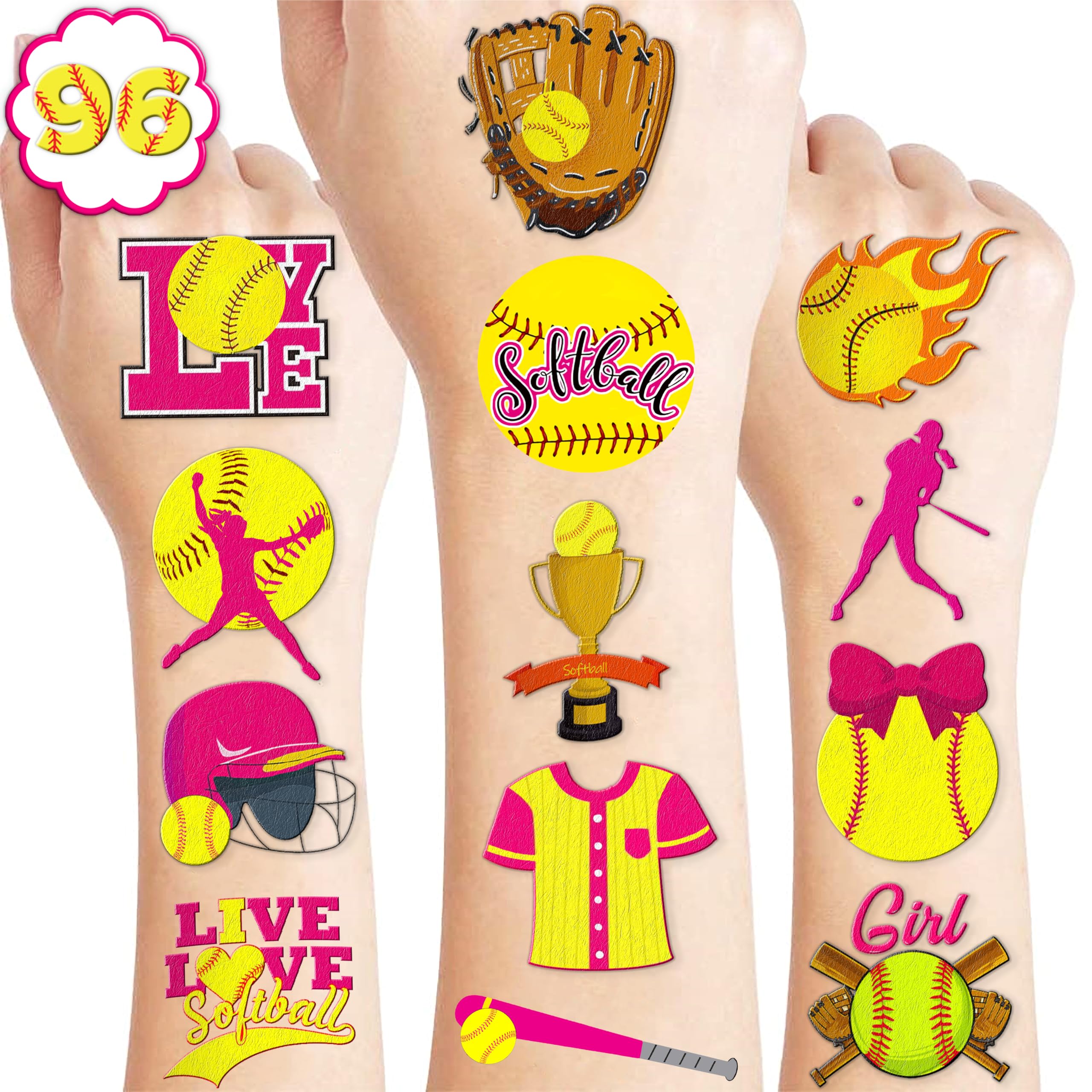 102 PCS Softball Temporary Tattoos Themed Birthday Party Decorations Favors Supplies Decor Girls Cute Baseball Sports Yellow Tattoo Stickers Gifts For Boys Girls Classroom School Prizes Carnival