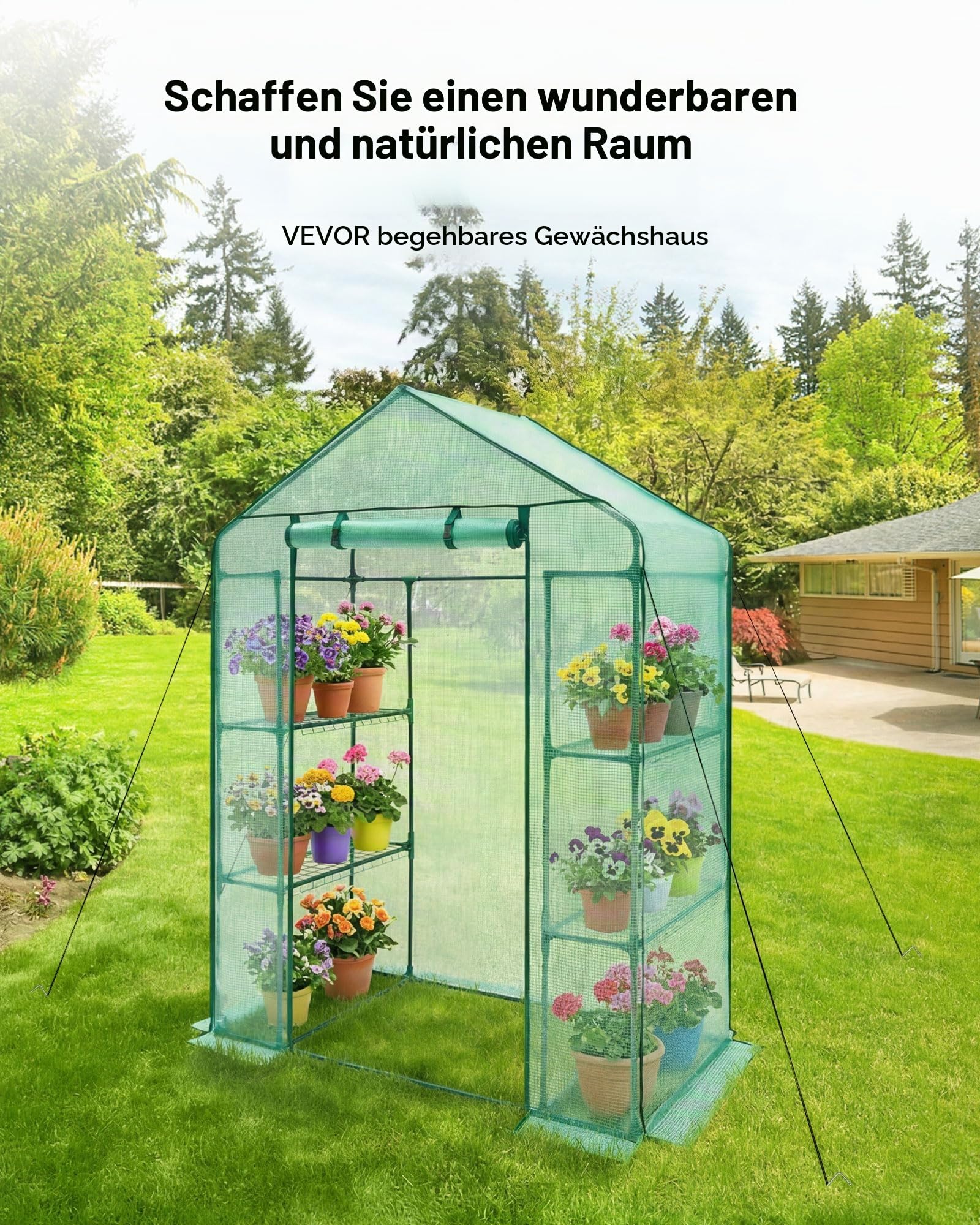 VEVOR Begehbares Gewächshaus, 1,4 x 0,7 x 2,0 m Gewächshaus mit Regalen, Aufbau in Minuten, hochfeste PE-Abdeckung mit Tür & Fenstern und Stahlrahmen, geeignet zum Bepflanzen und Aufbewahren, Grün