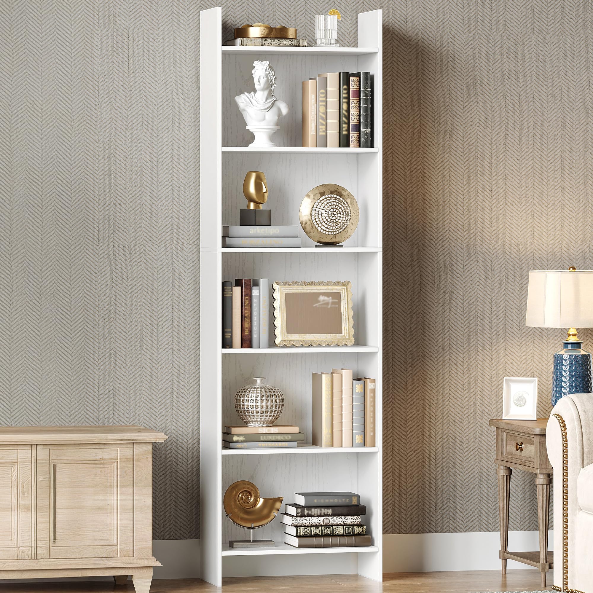 Hzuaneri Librería, Estantería de 6 Niveles, para Salón, Estudio, Oficin, Dormitorio, Estilo Escandinavo, 24 x 48 x 170 cm, Blanco 01103XBC