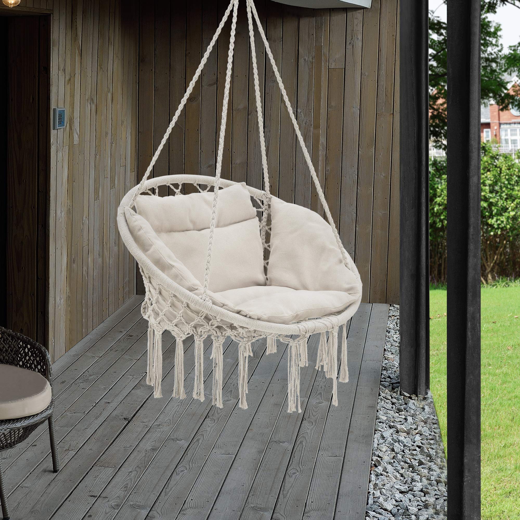 Poltrona Sospesa con Cuscini Altezza Completa di Sostegno 135 cm Altalena Relax Poltrona Appendibile per Interno/Esterno - Supporto Fino a 150 kg - Color Crema