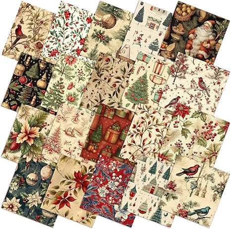 60 Pcs 10 x 10 Inch Vintage Christmas Quilting Fabric Rustic Christmas Fat Squares Patchwork Precut Strips Santa Claus Red Cardinal Fabric Bundles for Xmas Quilting Crafting DIY Craft Sewing