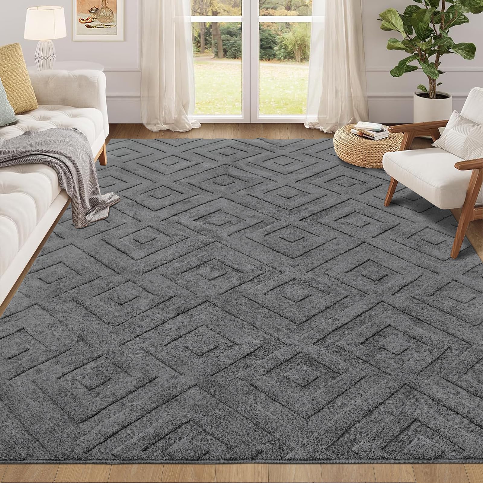 Enyhom Alfombra lavable a máquina, 160 x 220 cm, grande, suave, geométrica, para dormitorio, diseño moderno, color gris, alfombra antideslizante, resistente a las manchas, para cocina, comedor y salón