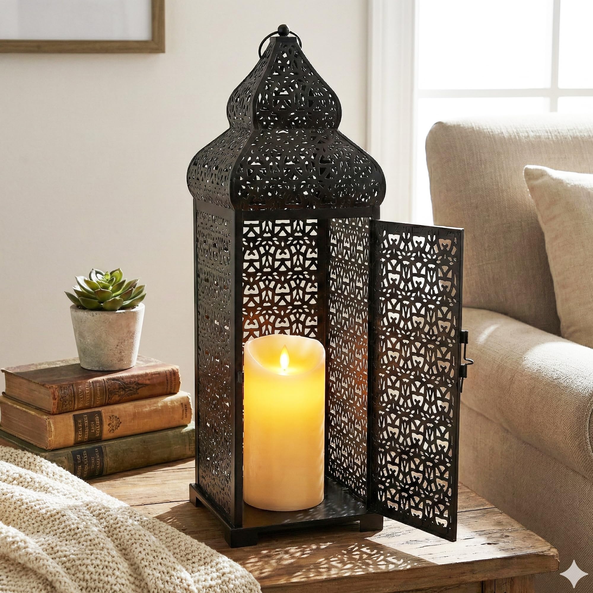 VELA LANTERNS Lanterne marocaine extra large de 56 cm pour décorations de Ramadan, à suspendre, terrasse ou porche, décoration d'intérieur - Noir