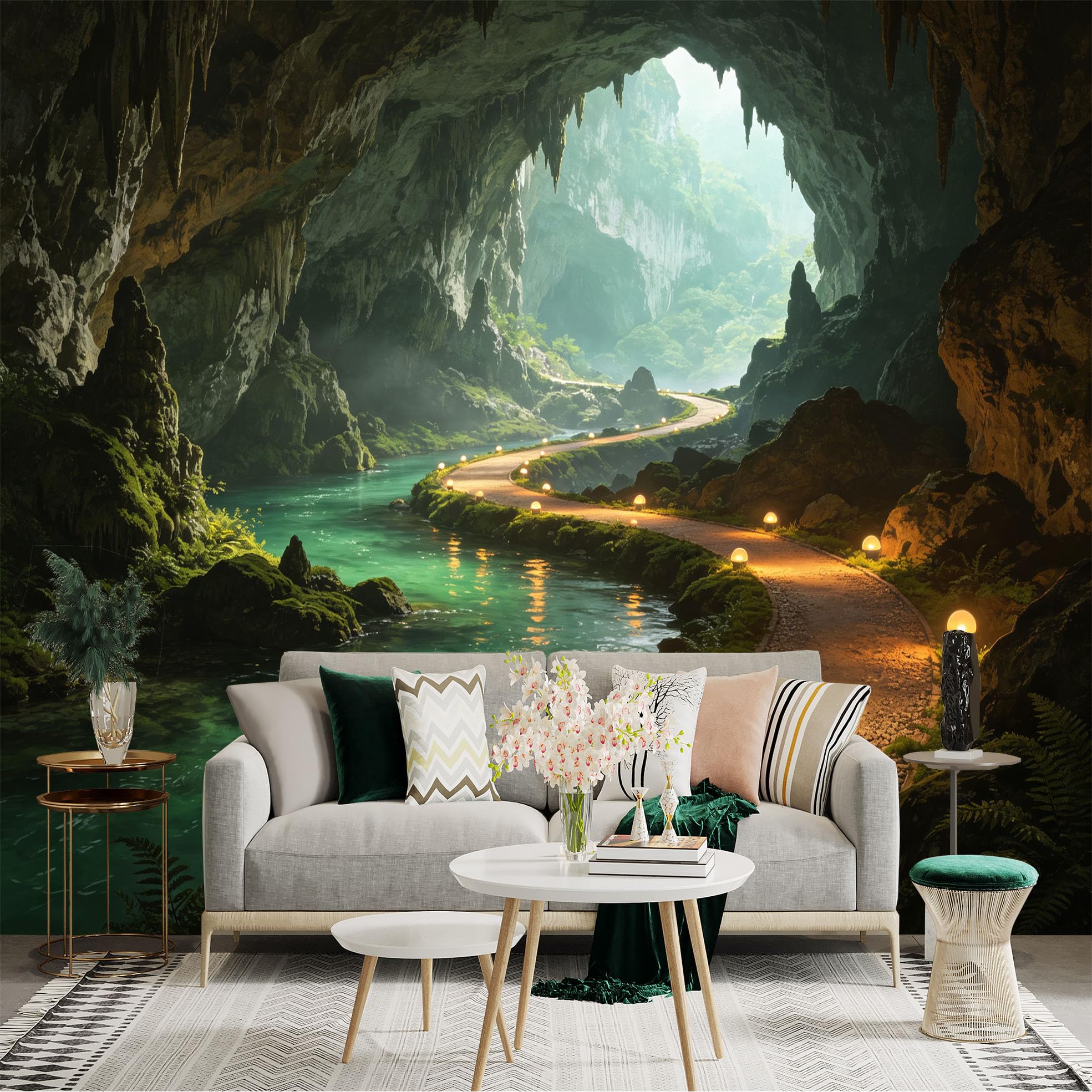 Custom Size Wall Sticker Mural， Mysterious Limestone Cave， Glowing Path by Underground River， Natural Serene Landscape， for wall Decoration， peelandstick wall Decals.