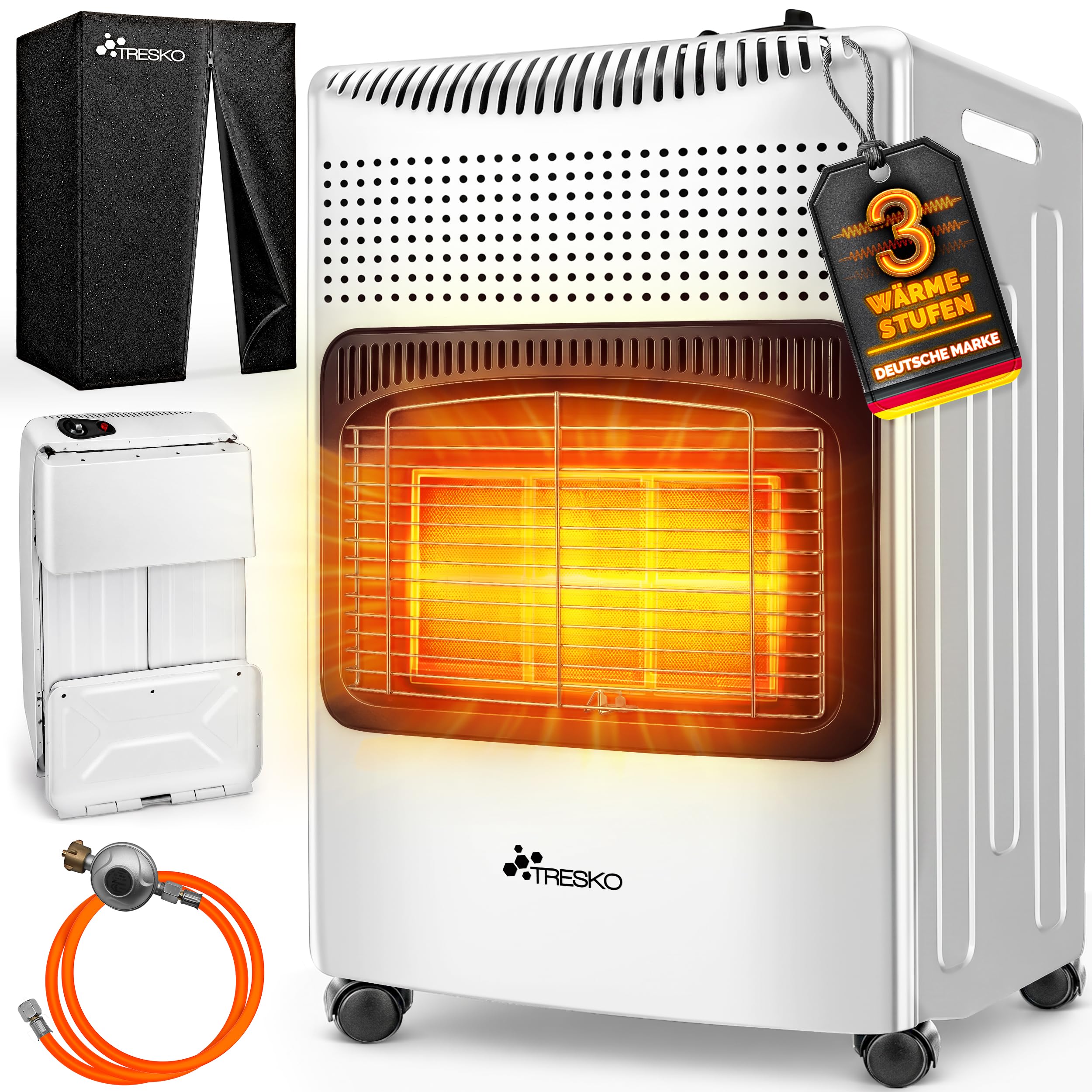 TRESKO® 4200 Watt Gasheizung inkl. Gasdruckregler Gasschlauch + Abdeckung | Gasheizer Gasofen Gasheizofen mit 3 Stufen | Infrarot Gasheizgerät Heizstrahler für Innenräume | Gasflaschen bis 15 Kg