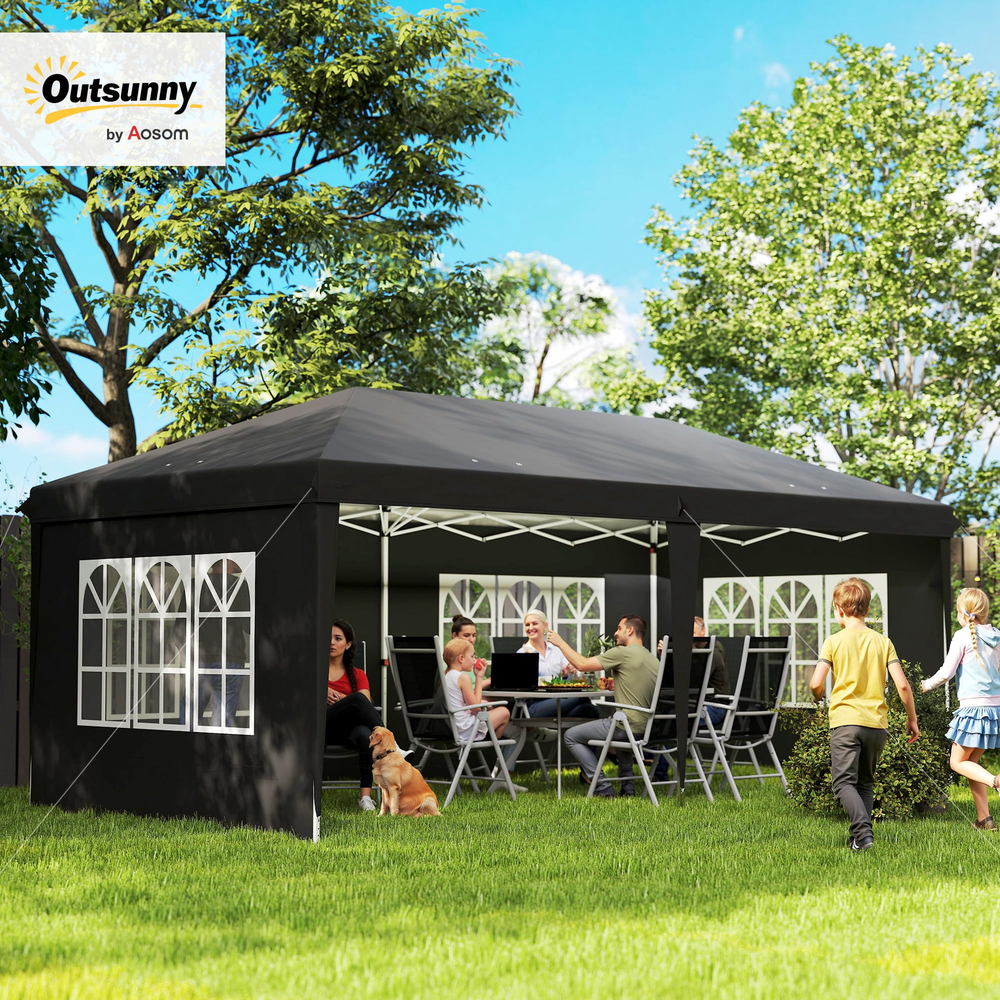 Outsunny Gazebo Pop-up 3x6m Altura Ajustable Paredes Laterales Negro