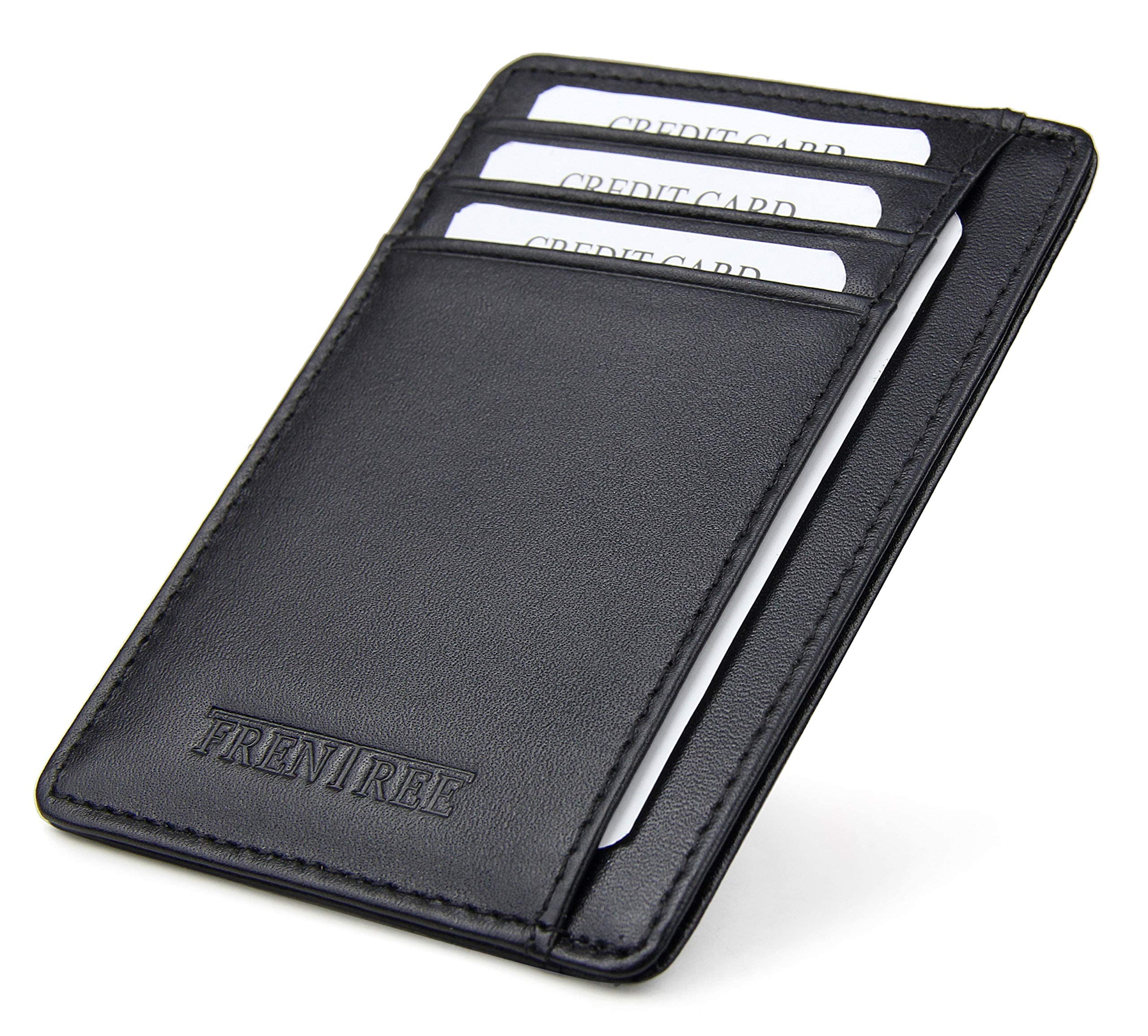 Frentree® Etui na karty ze skóry, bardzo cienkie, z ochroną RFID i okienkiem, minimalistyczna portmonetka na karty płatnicze i banknoty, czarny, Onesize, Minimalistyczny