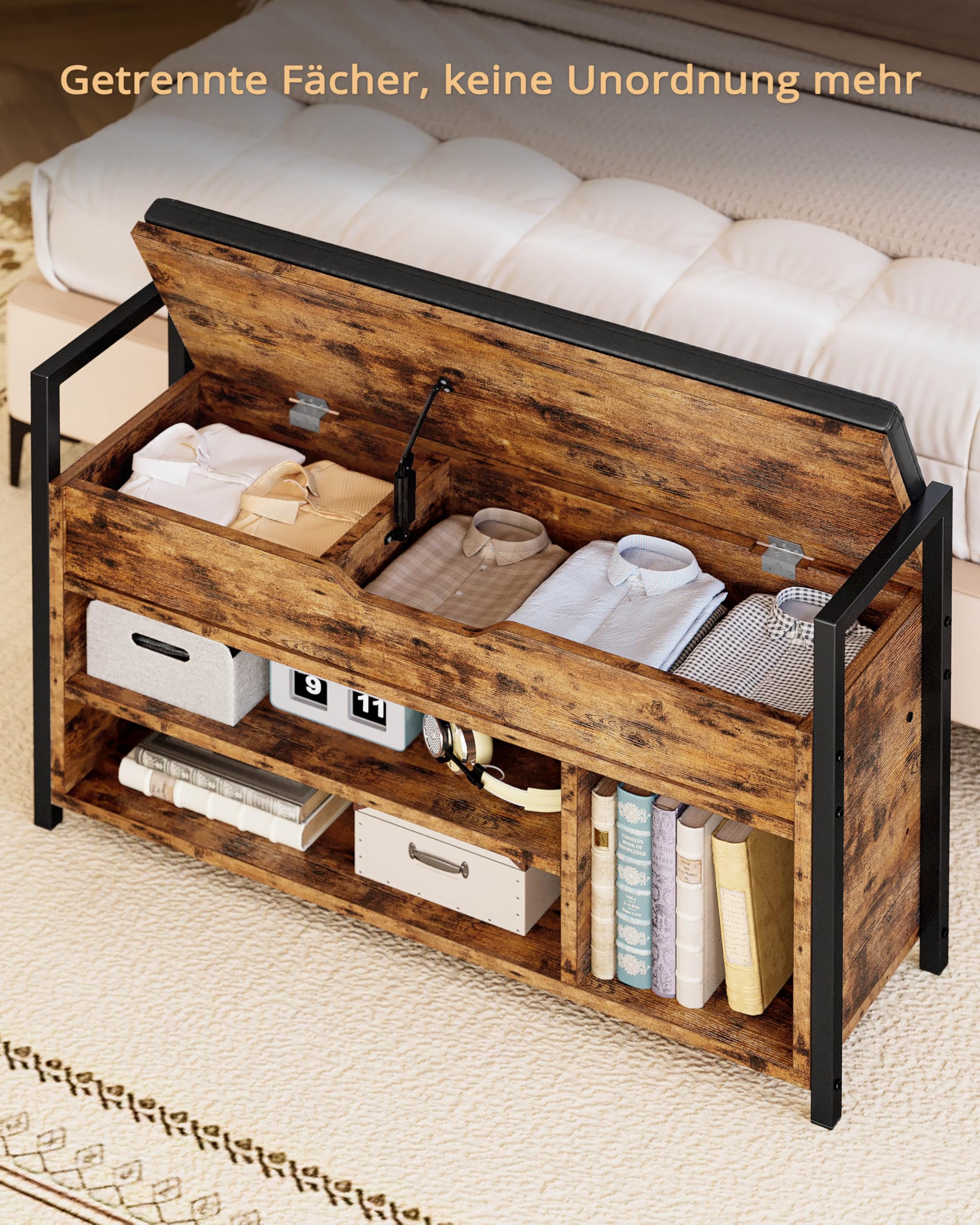 IRONCK Schuhbank mit Sitzfläche, Sitzbank mit Stauraum, Schuhschrank,100x30x62cm, 3 offene Fächer, Kunstleder, 130kg belastbar, Schuhregal für Eingang,Flur,Wohnzimmer,Schlafzimmer (Vintagebraun)