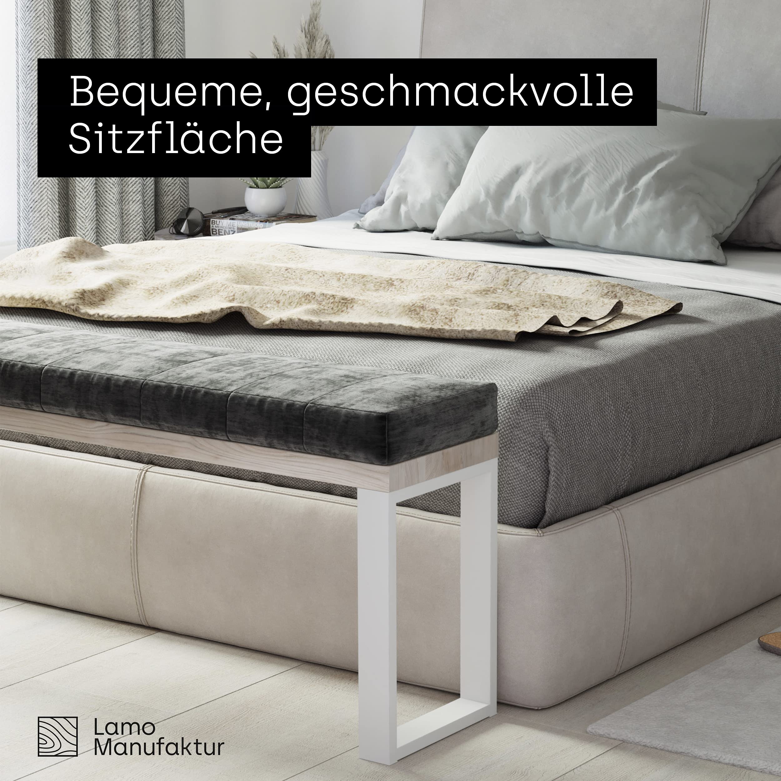 LAMO Manufaktur Banc de Salle à Manger 30x60x47 cm (l x L x h), Pied en métal modèle Simple Blanc/Assise en Bois Couleur Naturel, LSB-01-A-002-60-9016S