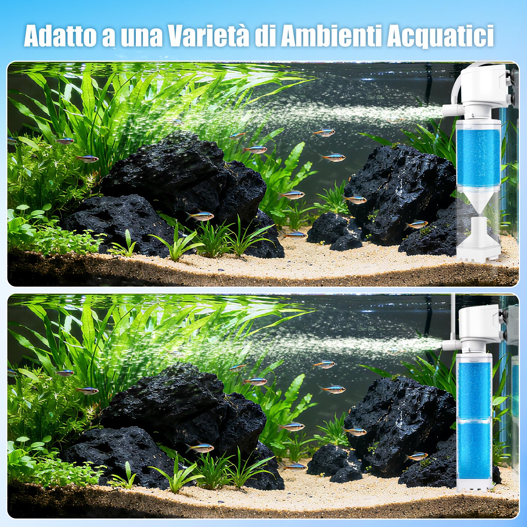 Vehipa Filtro Acquario 4W, 350L/H - per 20-80 Litri - Pompa con Funzioni di Ossigenazione Regolabile, Circolazione dell'Acqua e Filtraggio