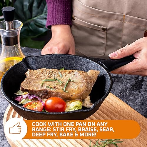 Miniatura 8 de Bruntmor Juego de sartenes de hierro fundido pre-sazonadas, 8, 10, 12 pulgadas, sartenes antiadherentes de esmalte azul con tapa de vidrio templado,