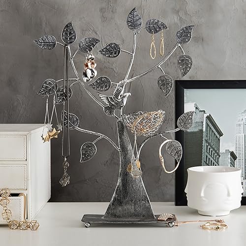 Miniatura 5 de MyGift Árbol de joyería de metal plateado con nido de pájaro, capacidad para hasta 48 pares de aretes