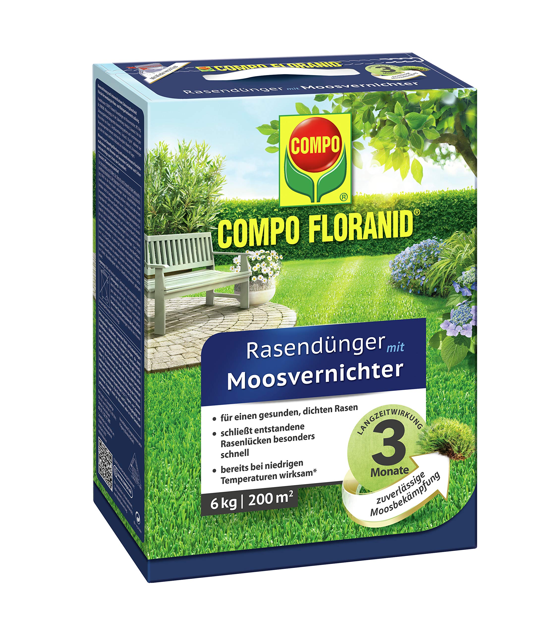 COMPO Rasendünger mit Moosvernichter 3 Monate Langzeitwirkung, Feingranulat, 6 kg, 200 m²
