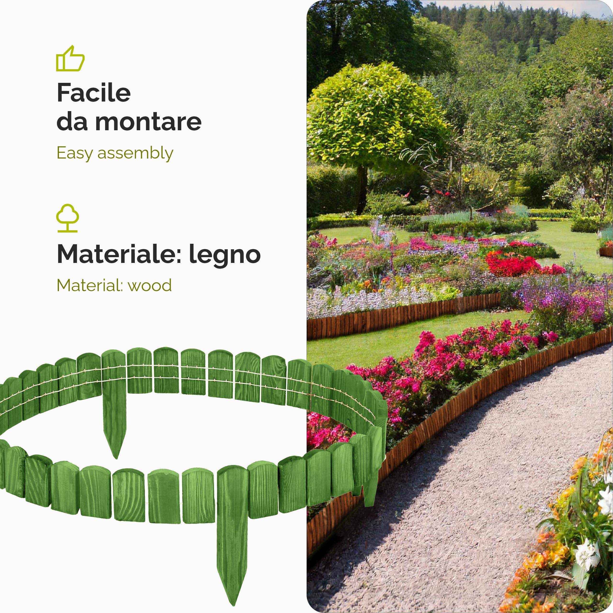 Garronda bordatura giardino bordura per aiuola staccionata in legno per giardino cordolo per aiuole Rollborder Recinzione Bassa Aiuola Lunghezza: 200 cm GD-0106 (Verde scuro, Altezza: 8 cm)