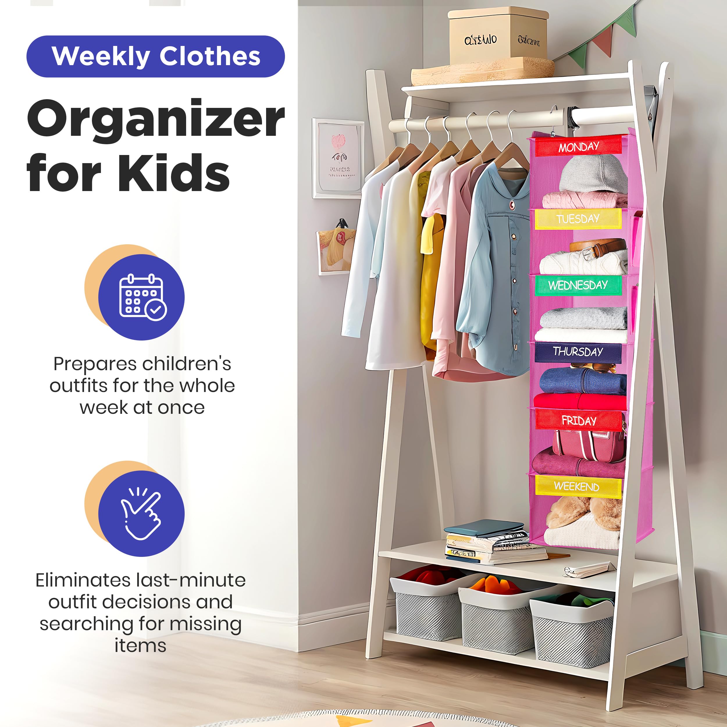 Organizador semanal de ropa para niños, 6 estantes, armario colgante, organización de ropa diaria, estantes etiquetados con días de la semana, de lunes a viernes, día de semana y fin de semana (rosa)