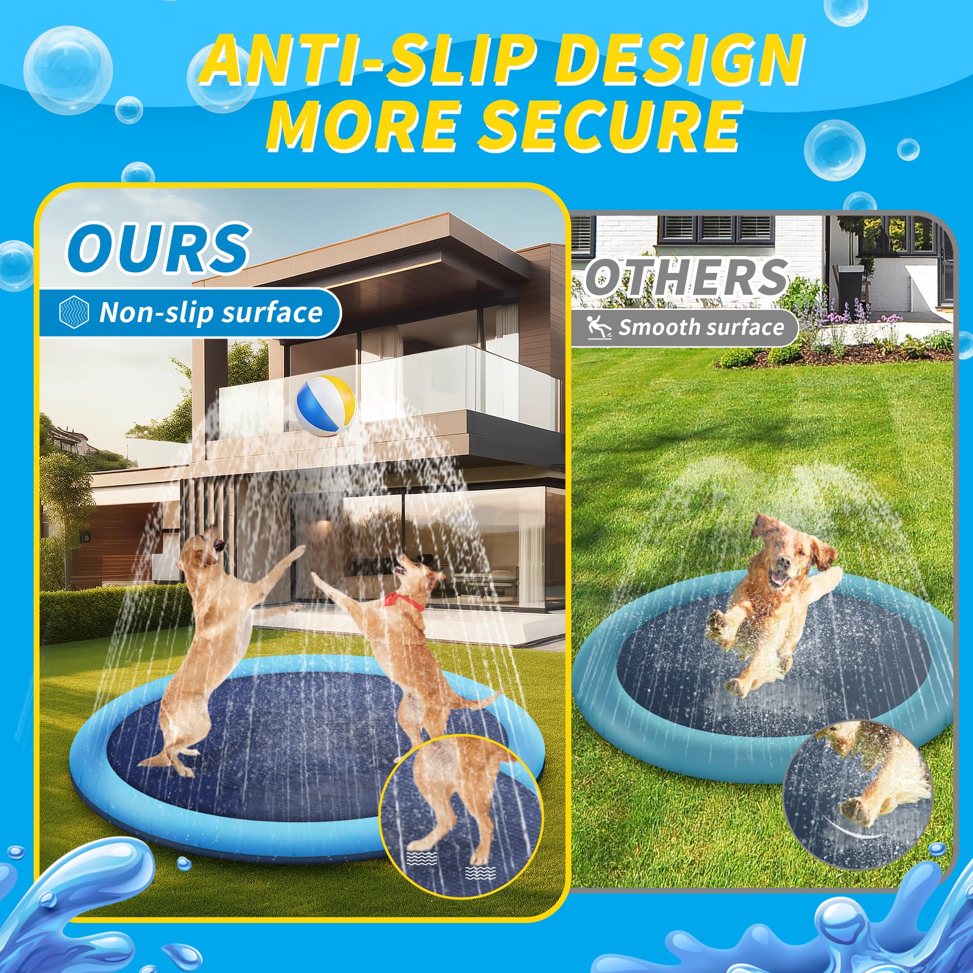 CNMTCCO Hundepool & Splash Pad für Kinder und Hunde 150CM, 0.58mm Verdickte Anti-Rutsch Wasserspielmatte, Outdoor Planschbecken für Garten, Wasserspielzeug Kinder Outdoor Sommer