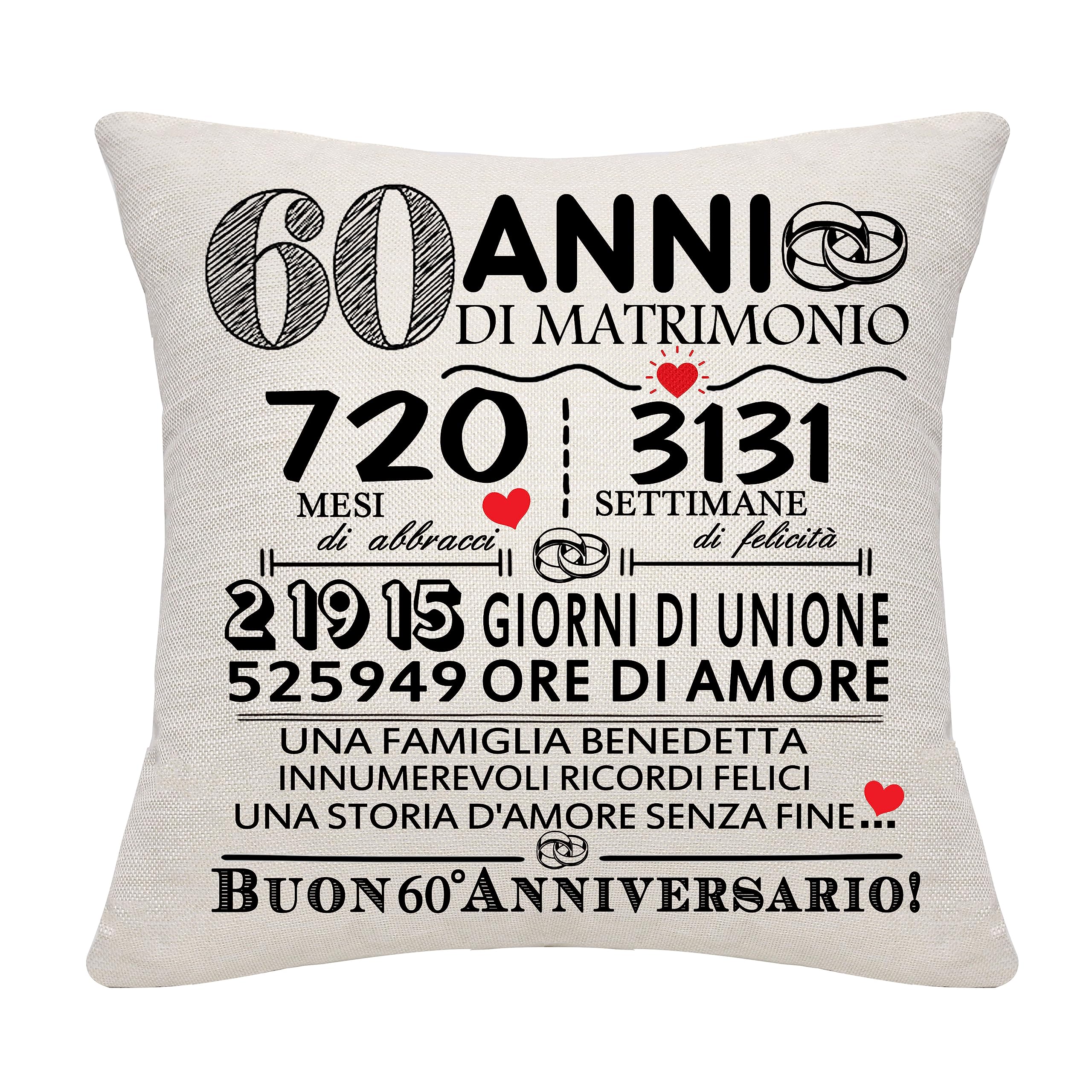 60 anni di matrimonio regalo 60 ° anniversario di matrimonio cuscino copertura ricordo Decorazione Regalo per le coppie genitori donne Uomini Mamma Papà Marito Moglie Nonni Amici(60° anniversario)