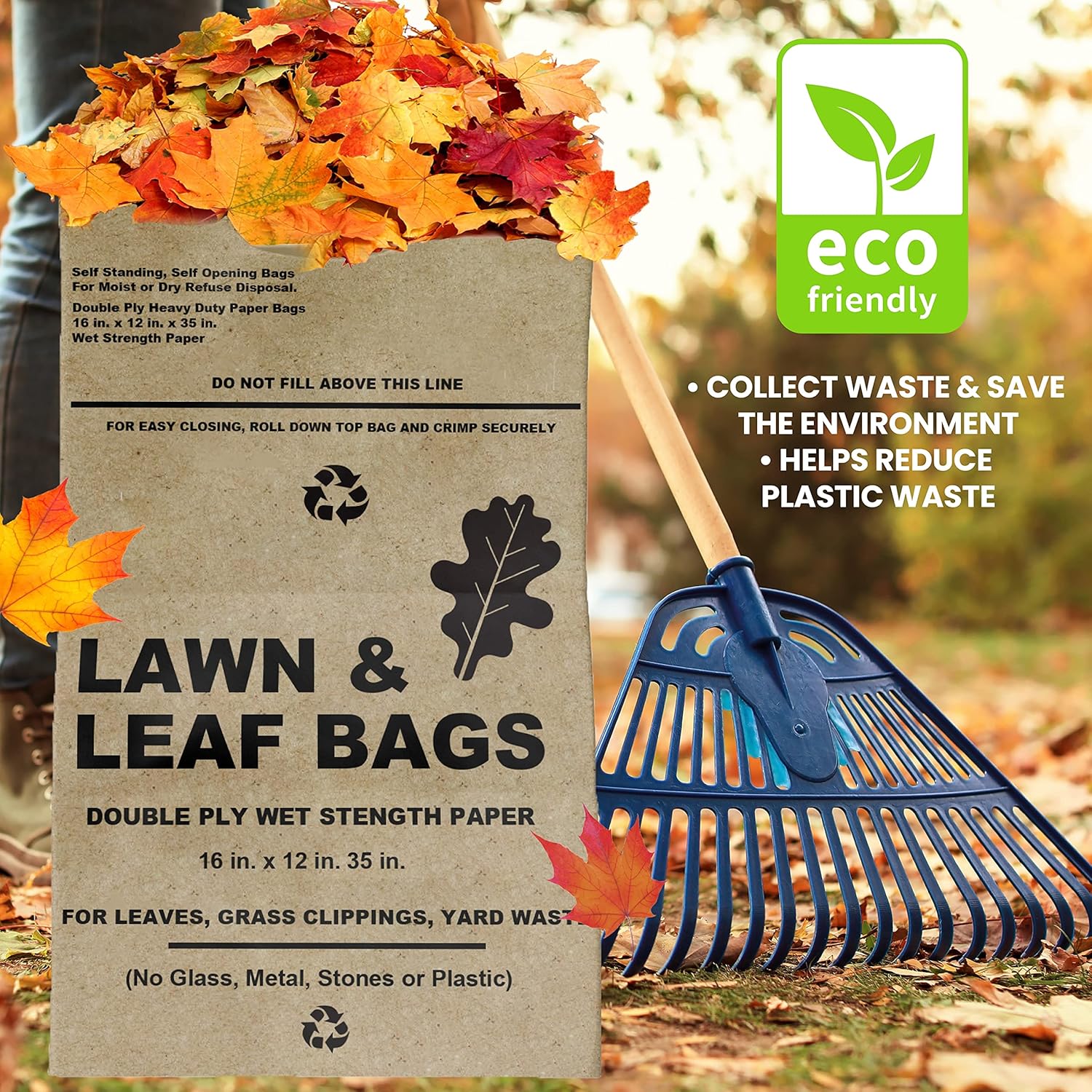 Lawn and Leaf Bags 30 Gallon - Pack of 10 - Tear Resistant Eco-Friendly Trash Bags for Wet/Dry Leaves, Grass Clippings, and Twigs - Brown Recyclable and Compostable Yard Bags - Biodegradable Bags : Health & Household