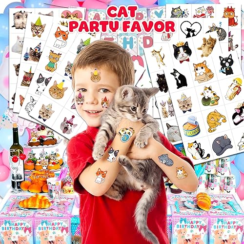Miniatura 2 de 96 piezas de tatuajes temporales precortados para niños, gatos, gatos, mascotas, suministros de fiesta de cumpleaños, recuerdos, 8 hojas de