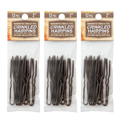 Hairpins 36 Count Crinkled Heavy Duty Stainless Steel Handmade Hair Pin Use in place of Hair Clips Barrettes Bobby Pins Snag-less (2 Inch, Brown)