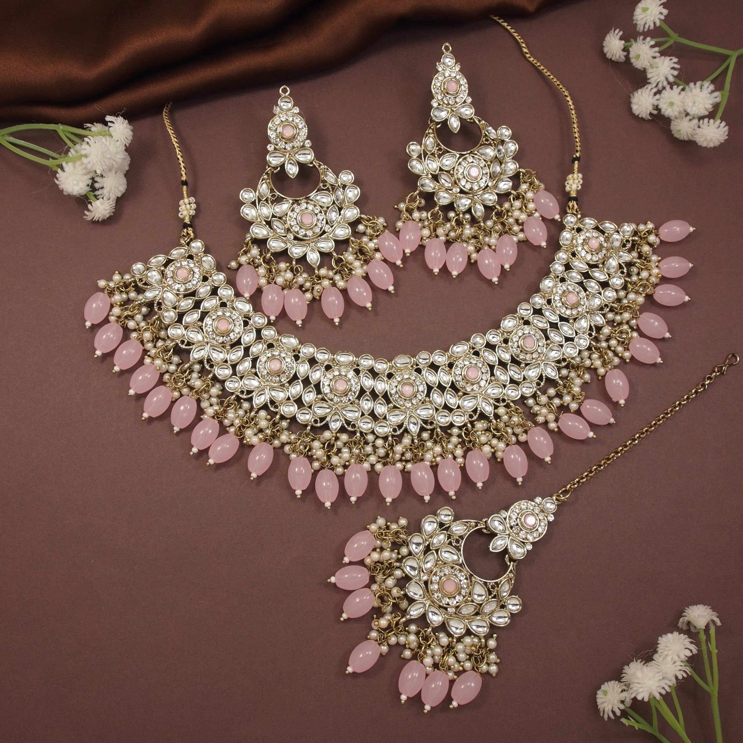 I Jewels Gold Plated Indian Bridal Jewelry Set - Kundan Pearl Choker Necklace With Chandbali Earrings & Maang Tikka