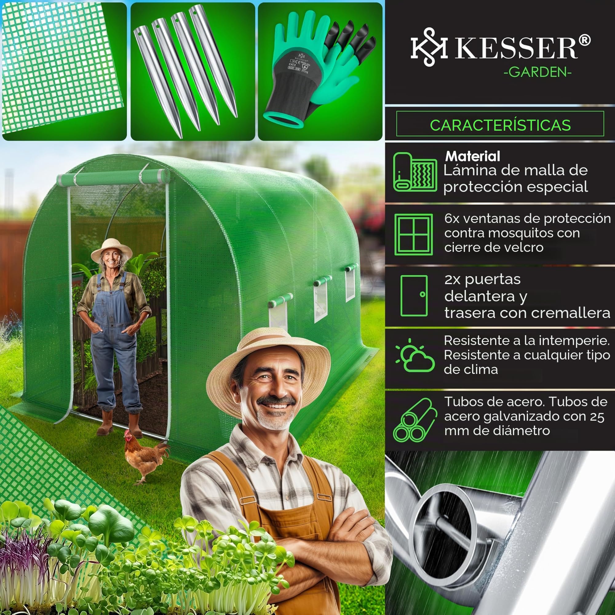 KESSER® Invernadero Estable con 6 Ventanas con mosquitera y Puerta, túnel de jardín con Marco de Acero galvanizado, 170 g/m², Incluye Guantes y Cuerdas, 200 x 300 cm, Color Verde