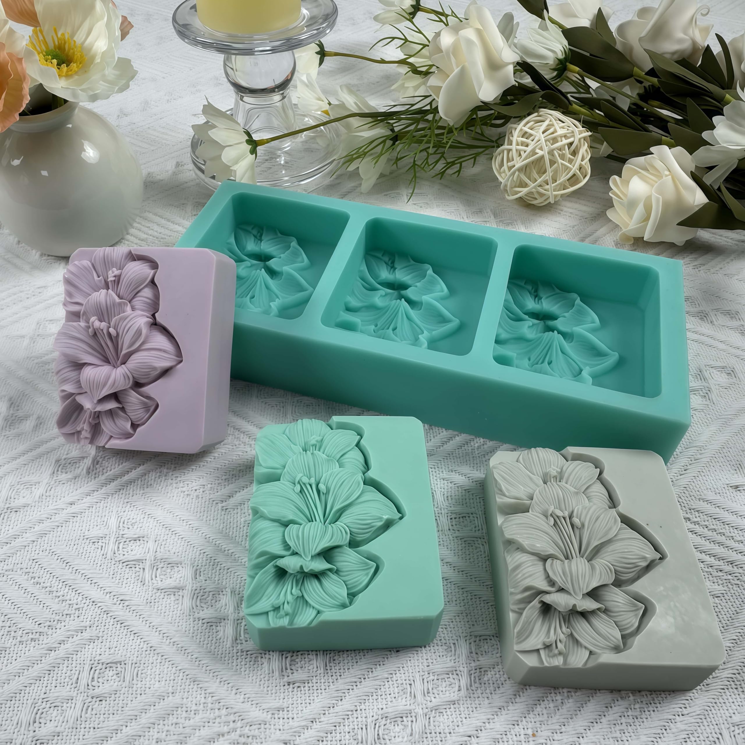 Molde de jabón natural de 3 agujeros, hecho a mano, de silicona, para hacer jabón, de flores, chocolate, pasteles, resina, yeso, para manualidades