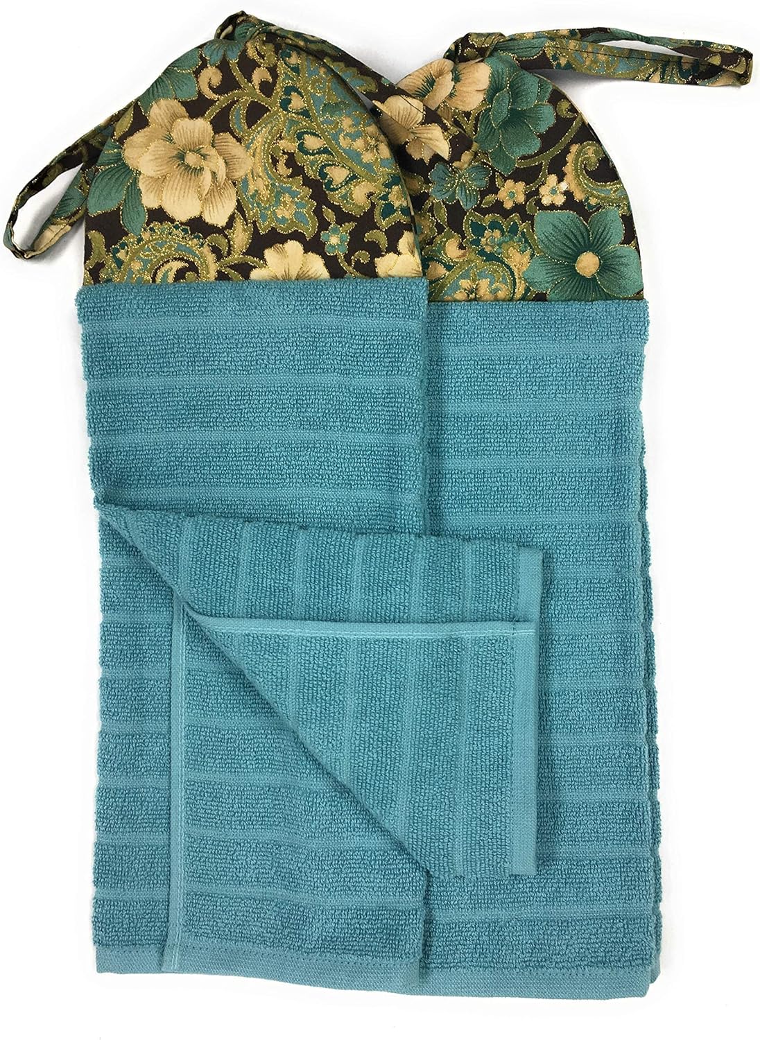 Set of 2 Teal and Cream Flowers and Paisley with Gold on Brown Reversible Ties On Stays Put Kitchen Bathroom Hanging Loop Hand Dish Towels