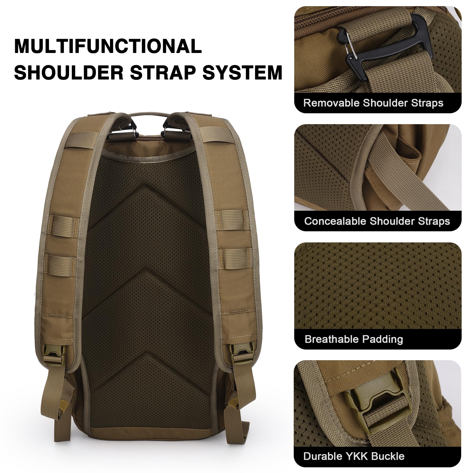 Mardingtop Plecak taktyczny męski 18 l/25 l, ze zdejmowanymi szelkami, Khaki 25L, 25L, Taktyczne
