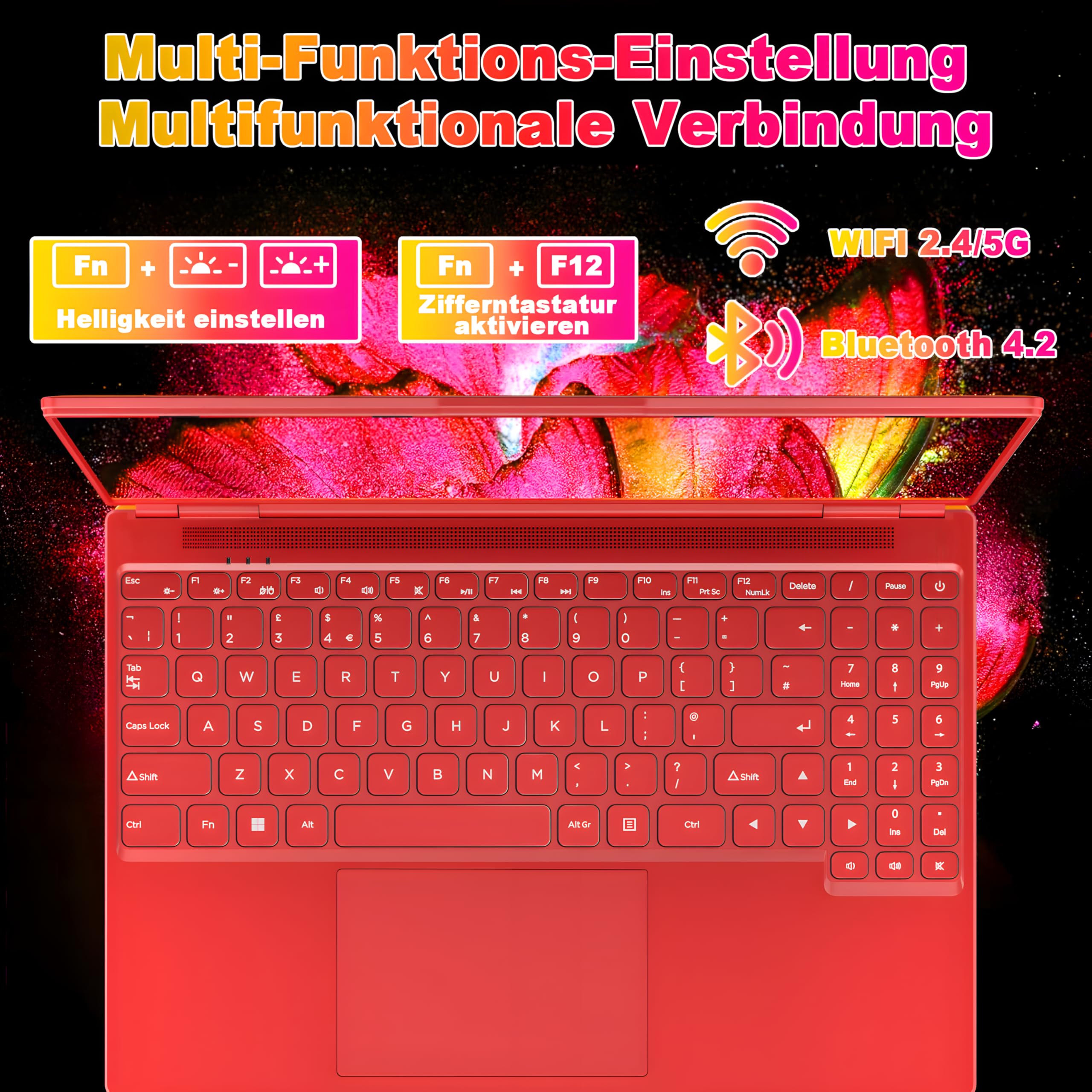 Gaming Laptop 16 Zoll Win 11 Notebook 12+512GB SSD Unterstützung 1TB | 1920x1200 Notebook 4-Core Celeron N5095 (bis 2.9GHz) Laptop mit Nummerntastatur WiFi Mini HDMI Deutscher Tastaturschutz-Red
