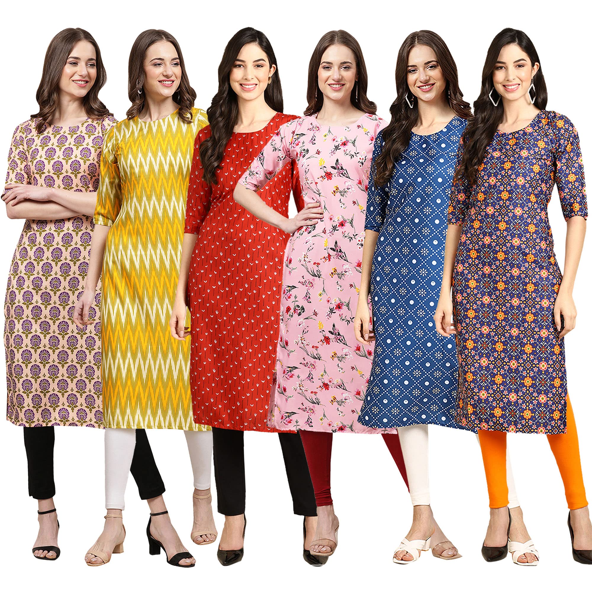 Pinkmint Women's Crepe Digital Print Straight Kurta Pack Of 6 [Cr-332-329-370-339-353-369-Xxl]