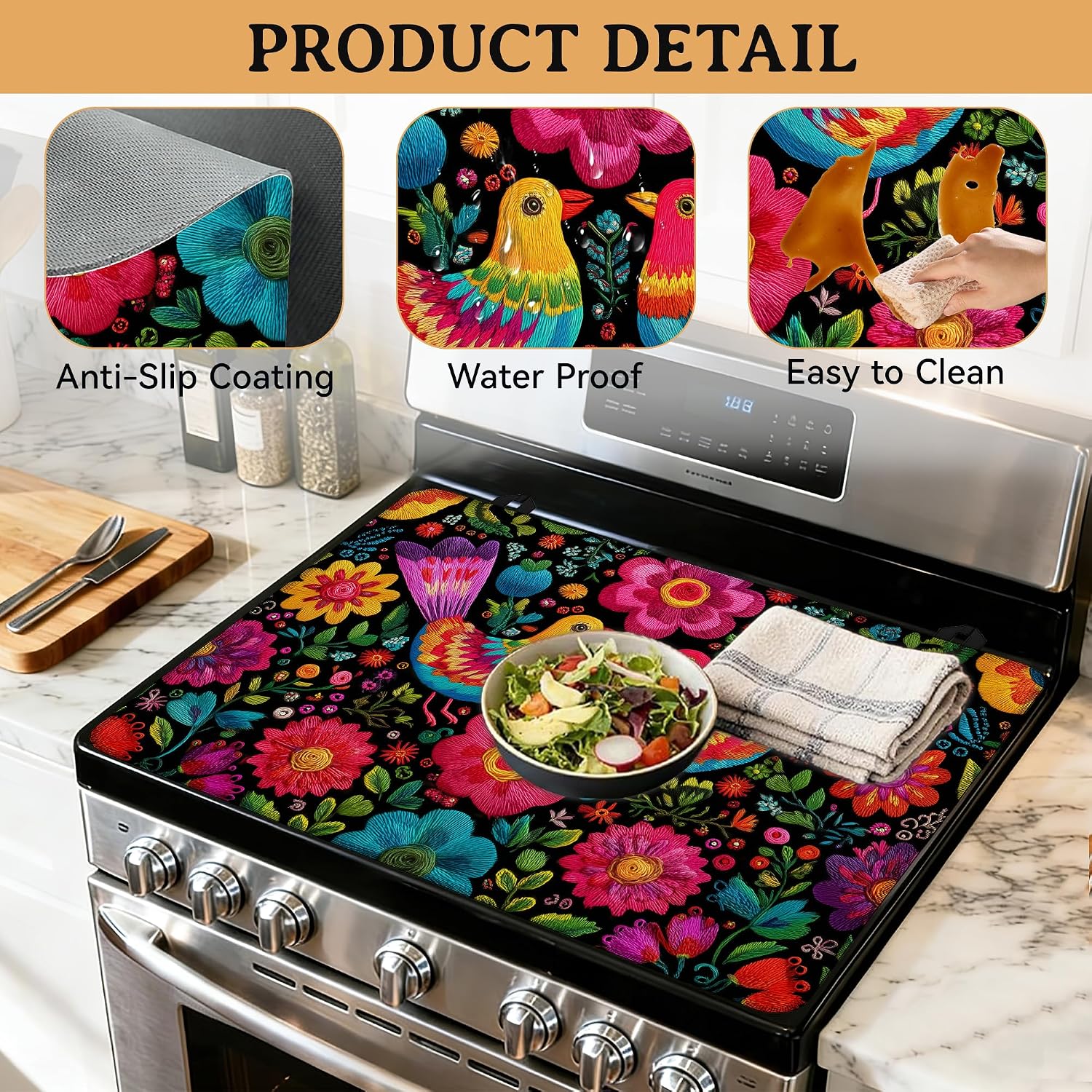 Electric Stove Top Cover, Bird Mexican Floral Stove Top Covers for Electric Stove, 28"x20" Heat Resist Kitchen Glass Stove Mat Decor Cooktop Ceramic Mat Gas Stove Pad