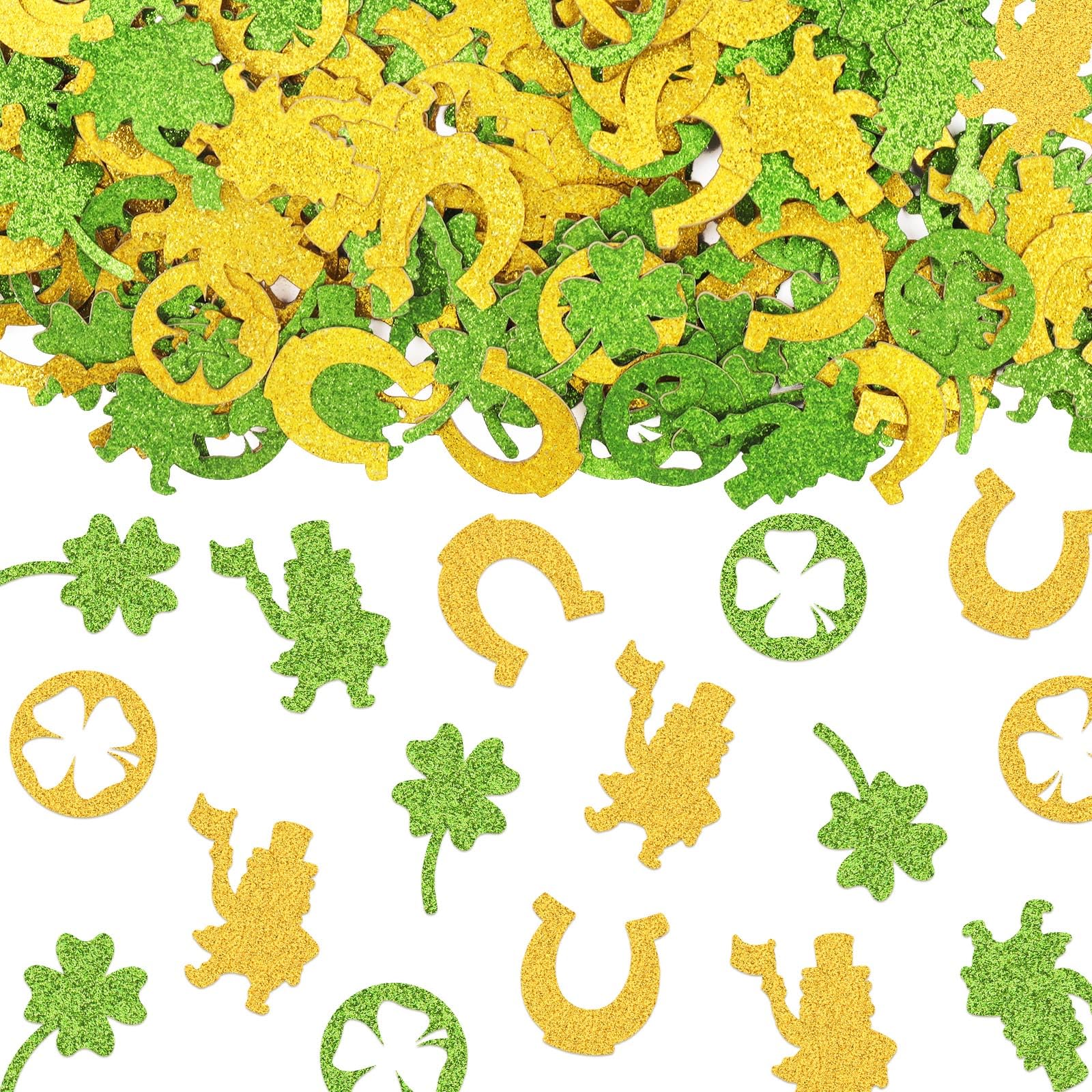 Hying 200 Stück St. Patrick's Day Konfetti Dekorationen für Tisch, irische Glückskleeblatt-Pailletten, Glitzer, Grüngold, Tischkonfetti, Hufeisen, Kobold, Papierkonfetti für St. Patrick's Day Party