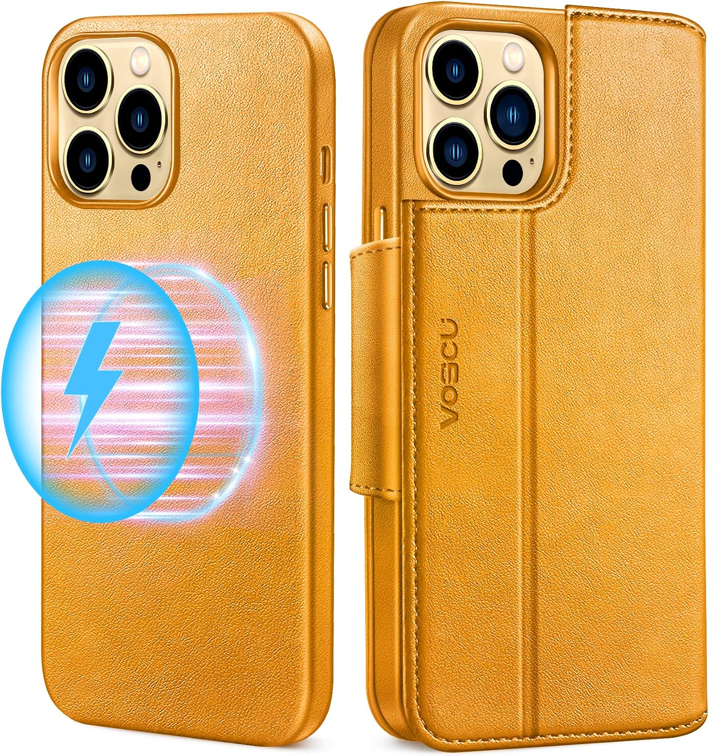 voscu Detachable Wallet Case for iPhone 13 Pro Max 6.7'' Compatible with MagSafe, Support Wireless Charger, Vegan Leather Flip Folio Magnetic Phone Case with Card Holders [RFID Blocking]-Golden Brown