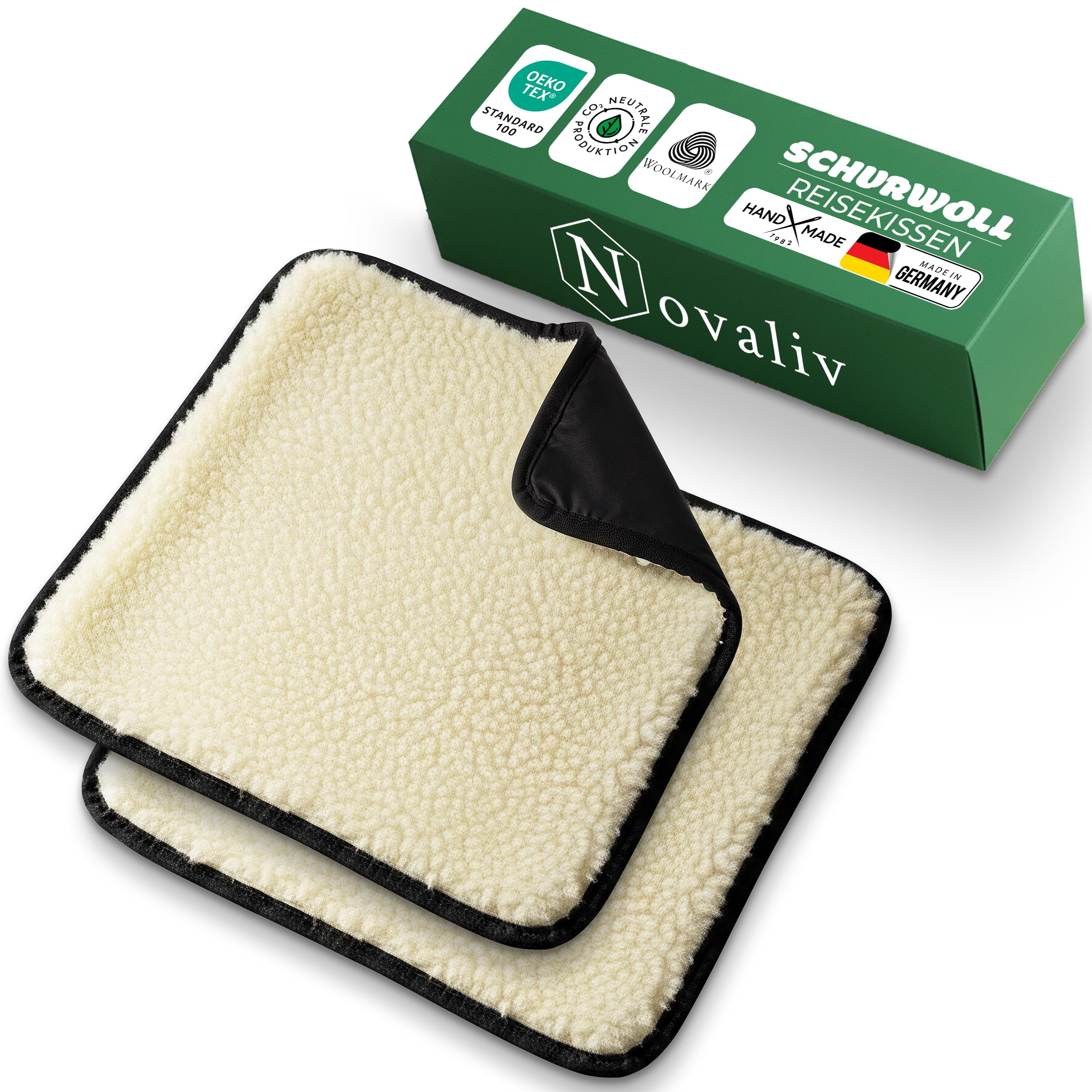 Novaliv Lot de 2 coussins de voyage - 37 x 37 cm - Naturels - Pliable - En laine vierge - Dos en PA imperméable - Isolant, respirant, léger - Dans les bagages à main - Pour extérieur, train, avion