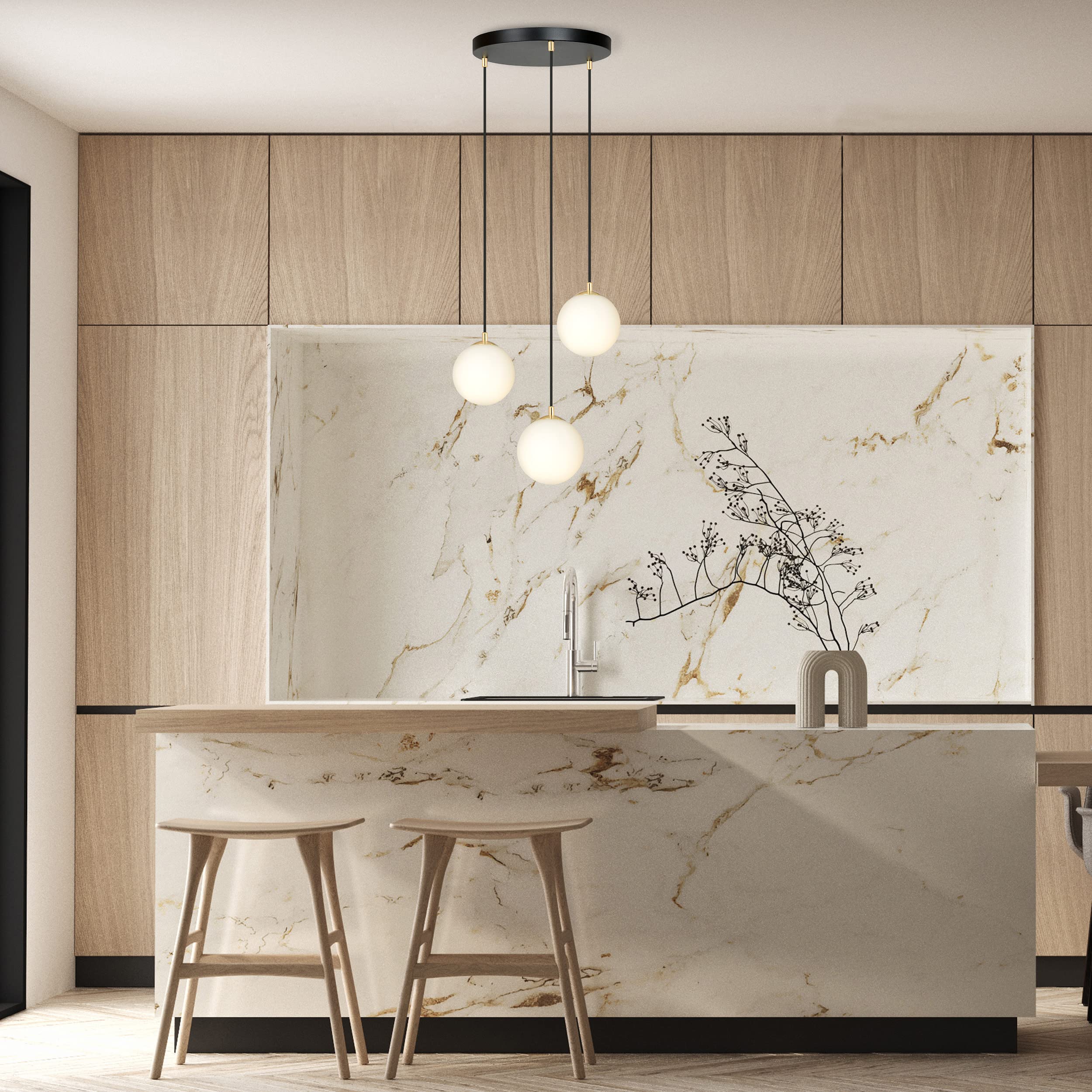 Suspensión Contemporánea Royal 3 Luces Acero Negro/Oro Bolas Cristal Blanco
