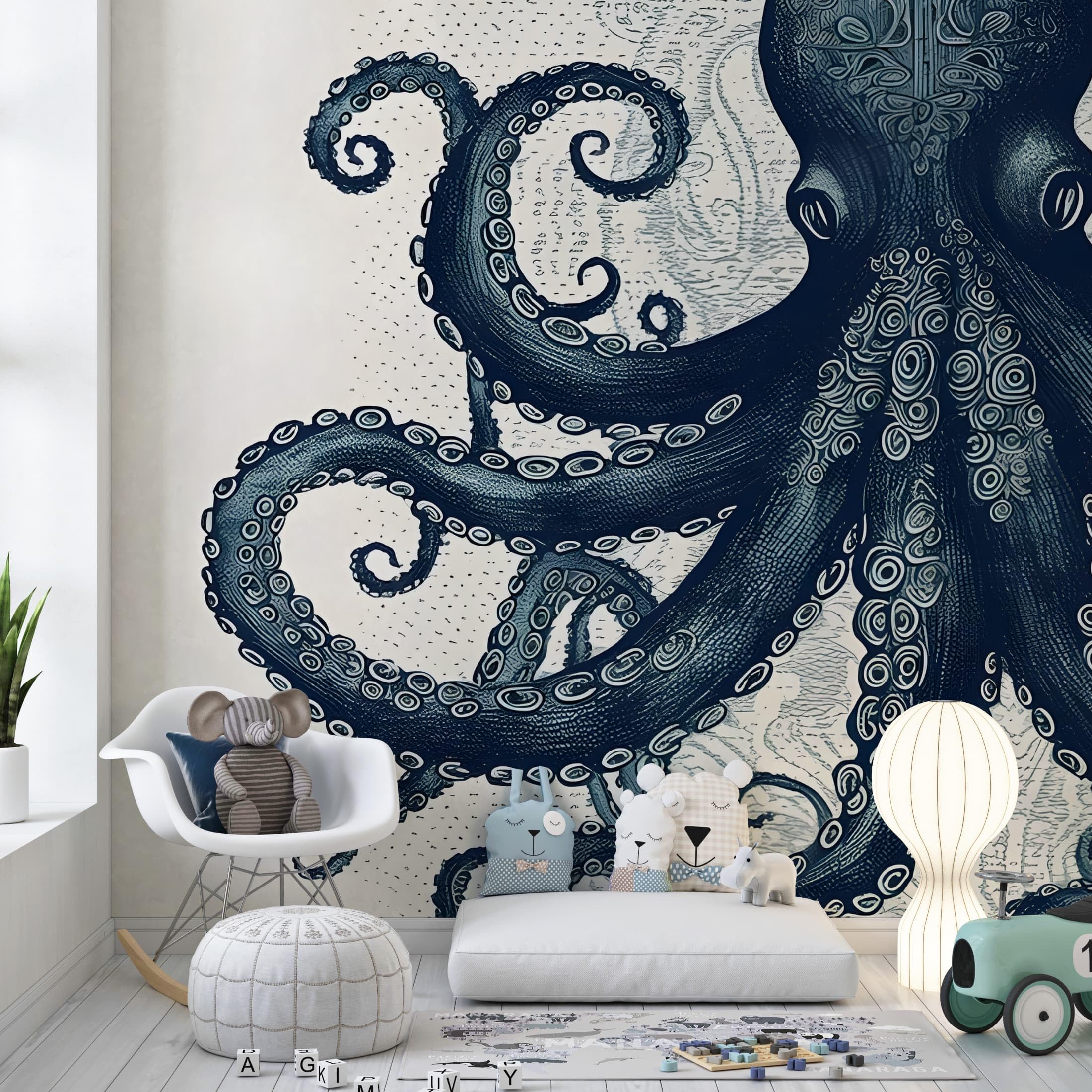 Papier Peint Panoramique Pieuvre Tentacule - Papier Peint Intissé Autocollant - Rétro Animaux Marins Décoration Murale - Adhésif Mural pour Salon Chambre, 400x280 cm - S-1030