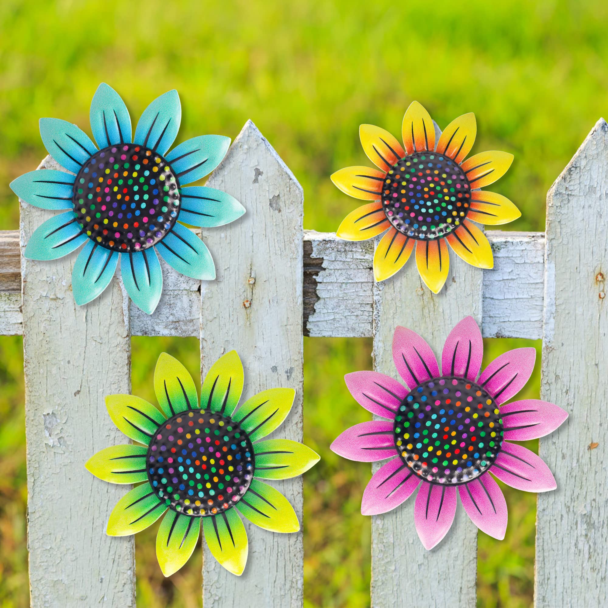 SUNNEKO 4 Metall-Blumen Gartenornamente – Rostbeständig, Mit Haken, Für Zaun & Wand, Innen & Außen